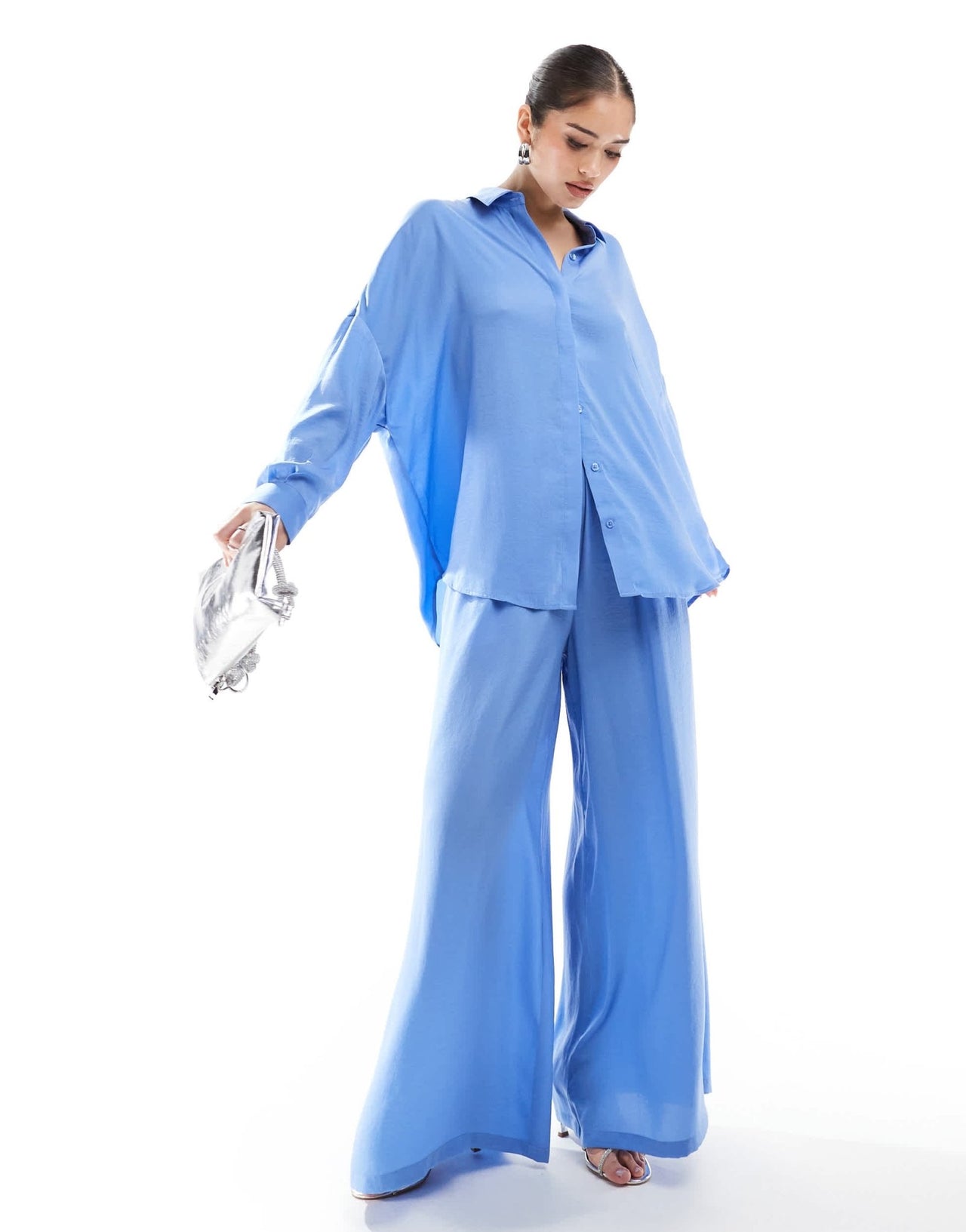 French Connection satin wide leg trouser co - ord in cornflower blue - ASOS Sample Sale