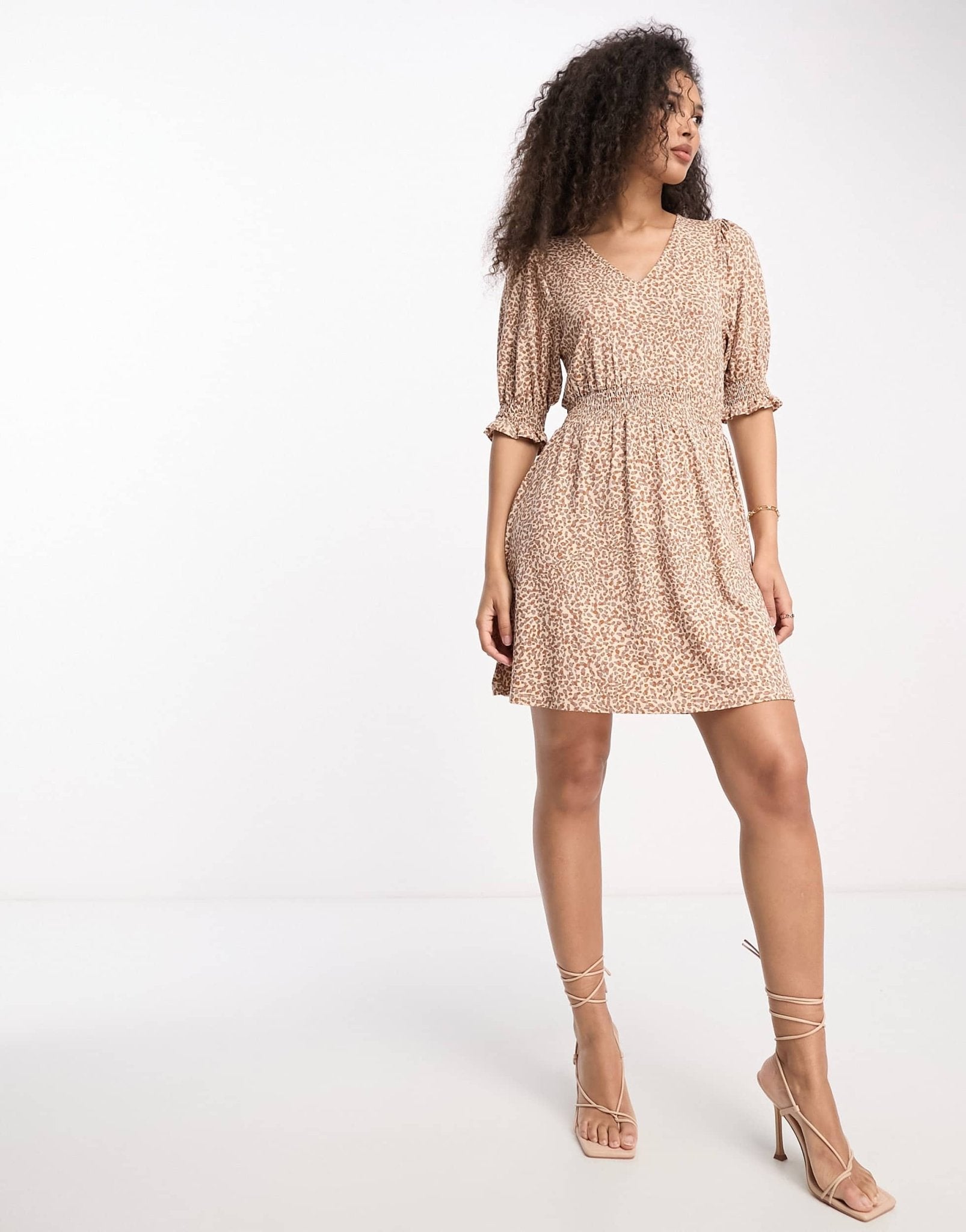 French Connection shirred waist mini dress in brown spot - ASOS Sample Sale