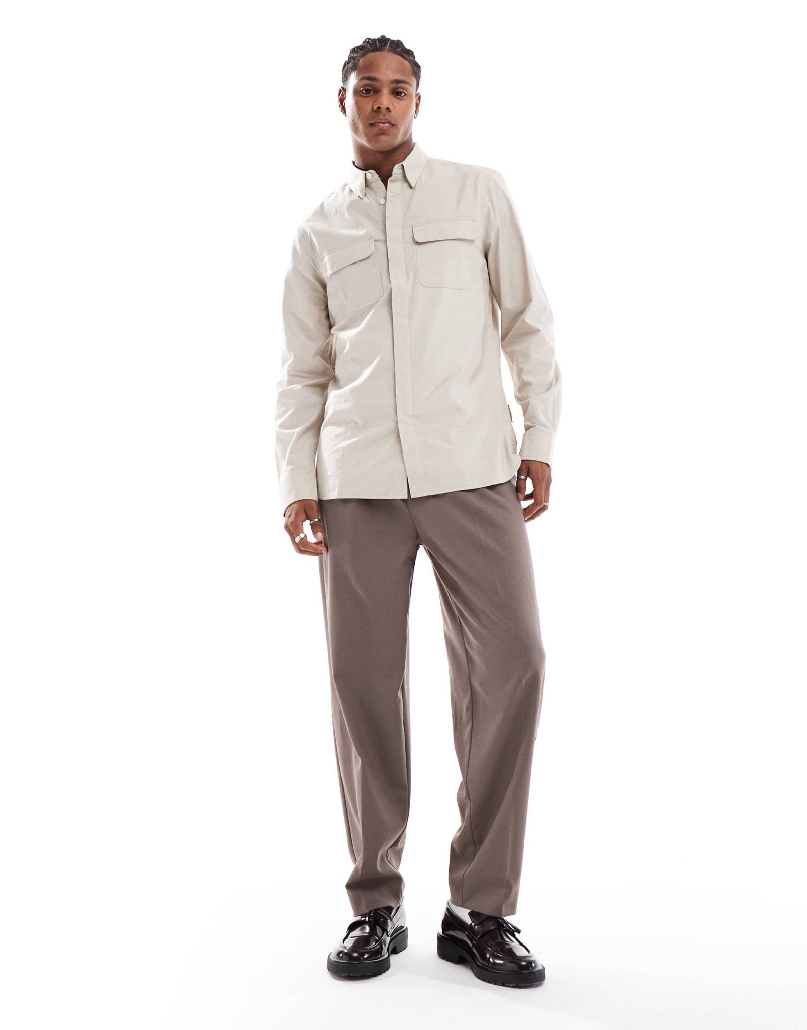 French Connection shirt with double breast pockets in stone - ASOS Sample Sale