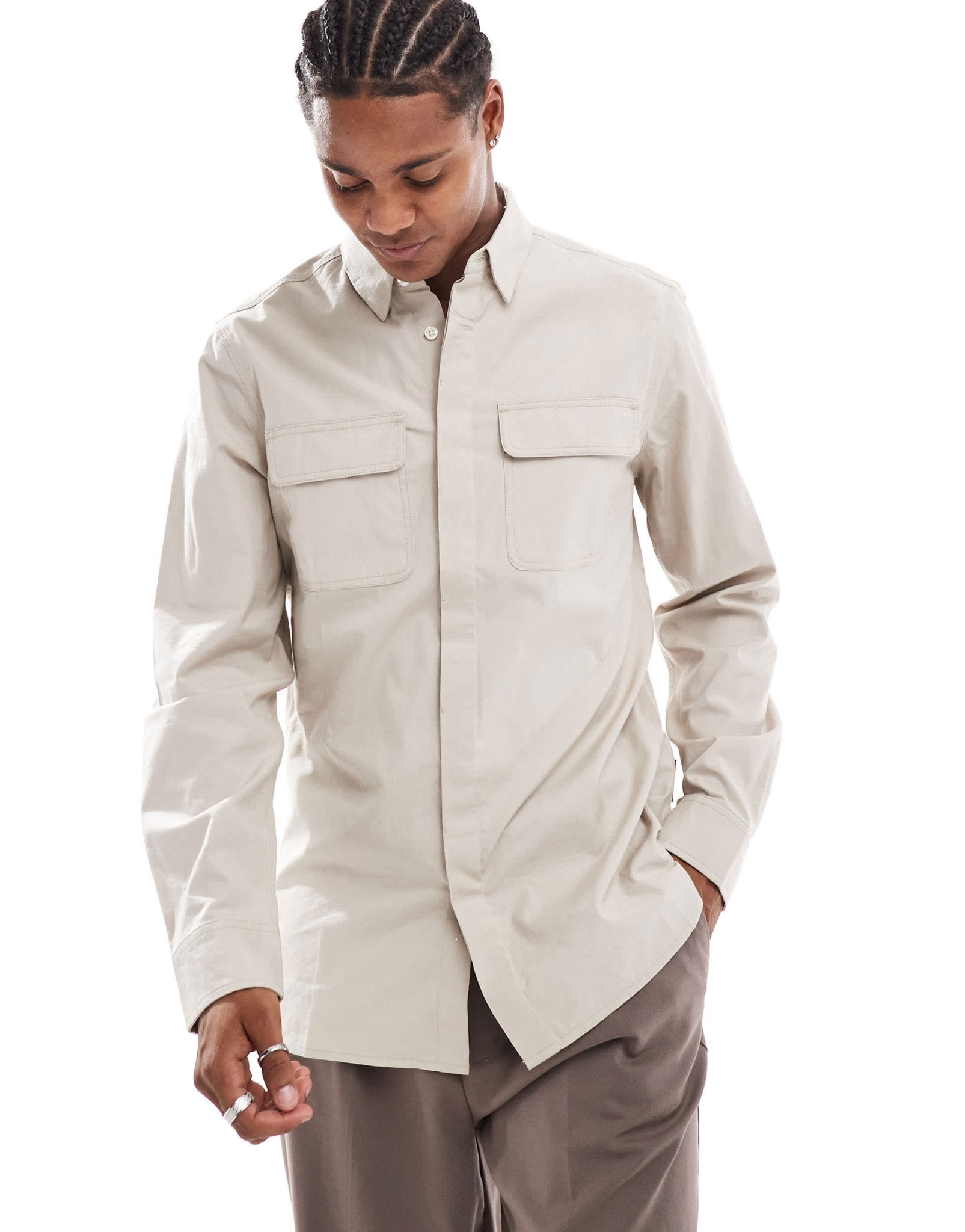 French Connection shirt with double breast pockets in stone - ASOS Sample Sale