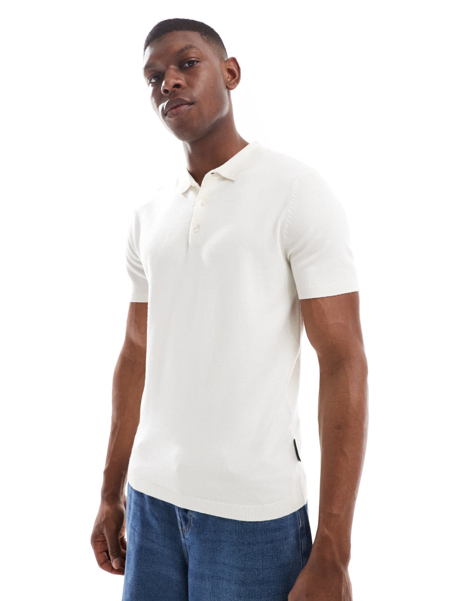 French Connection short sleeve knitted polo shirt in ecru - ASOS Sample Sale