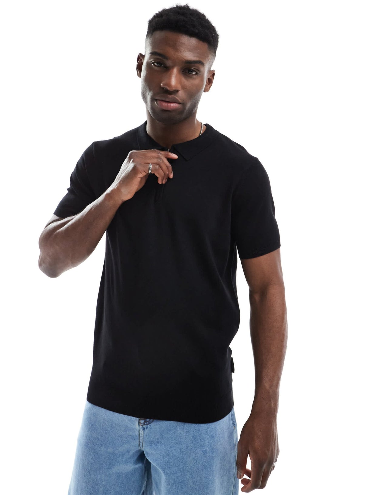 French Connection short sleeve knitted zip polo shirt in black - ASOS Sample Sale