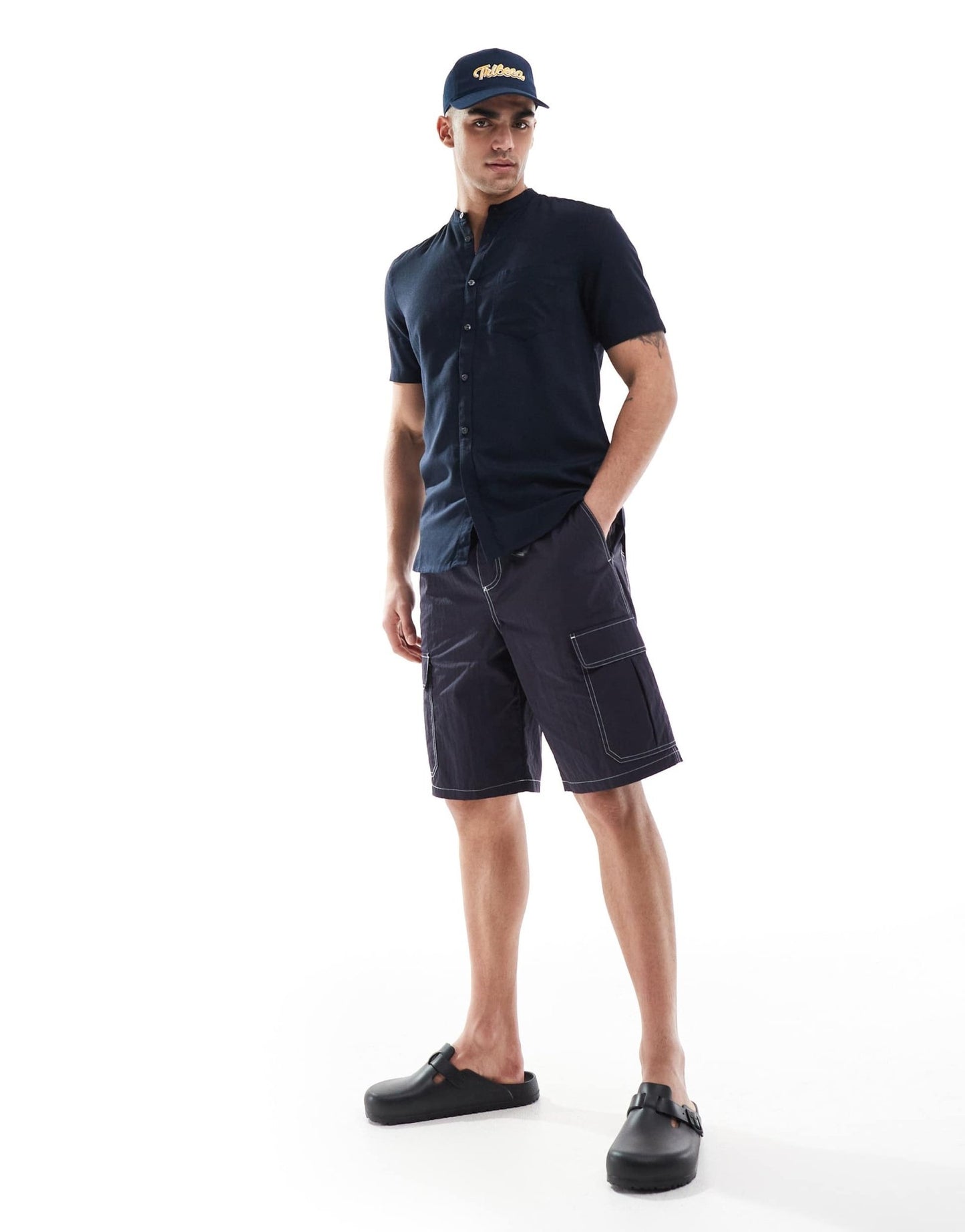 French Connection short sleeve linen henley shirt in navy - ASOS Sample Sale