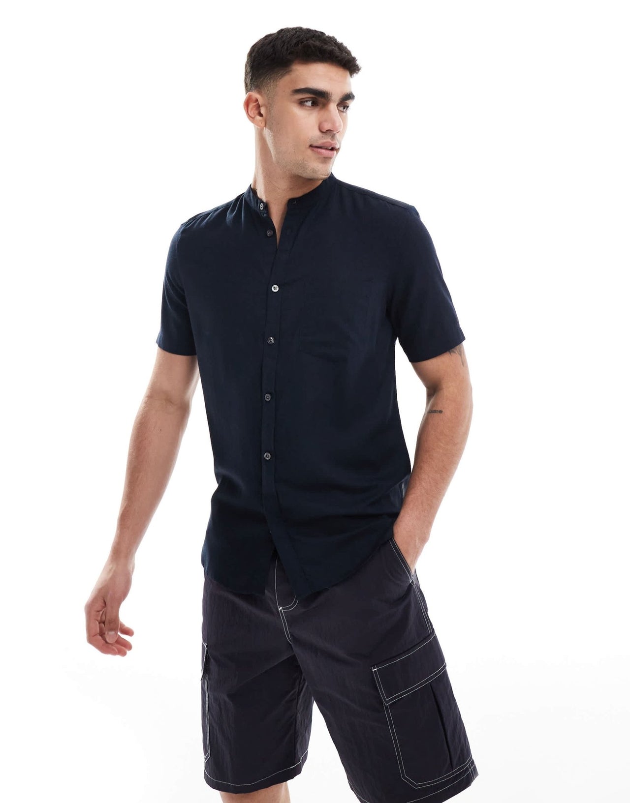 French Connection short sleeve linen henley shirt in navy - ASOS Sample Sale
