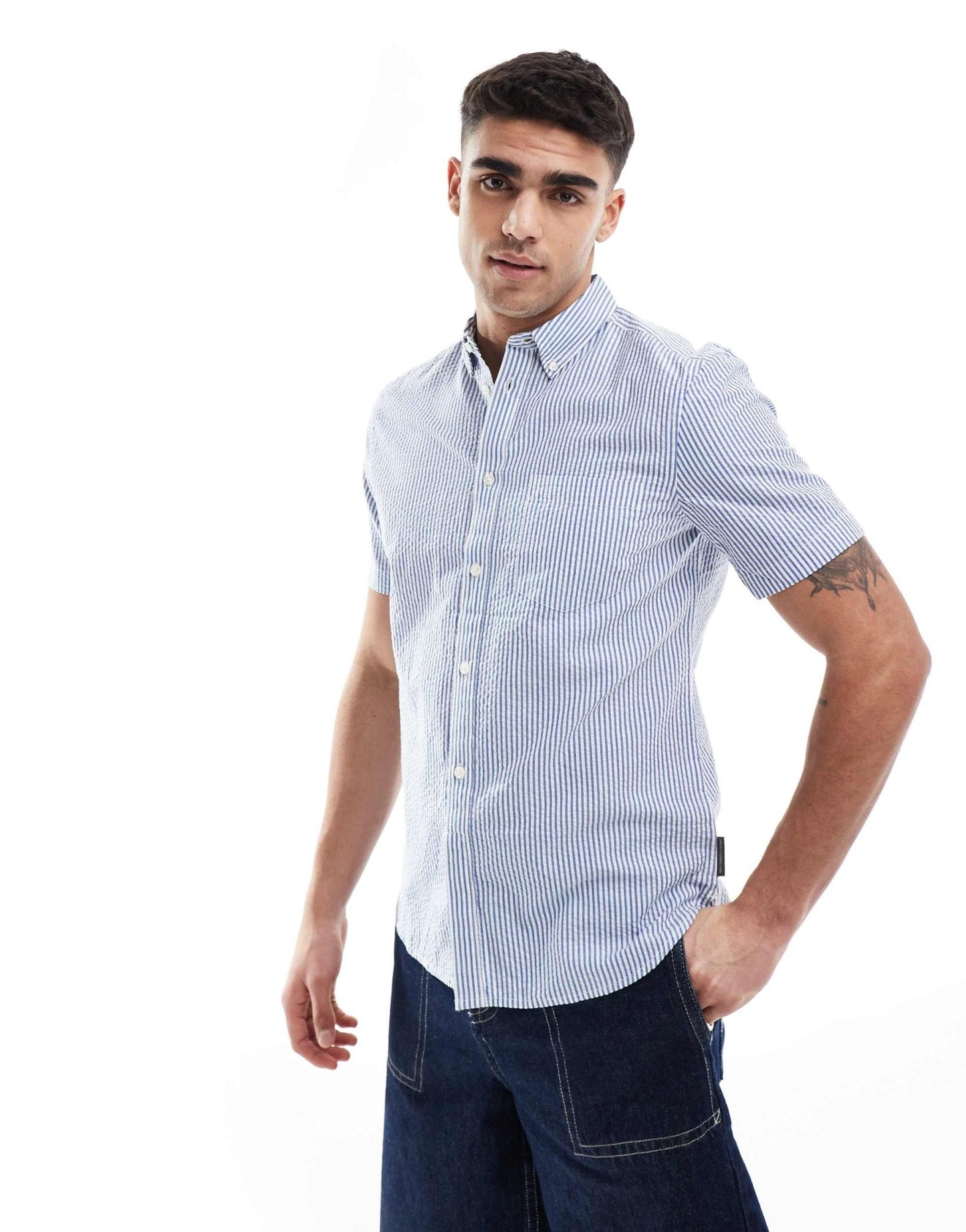 French Connection short sleeve linen pocket shirt in blue seersucker - ASOS Sample Sale