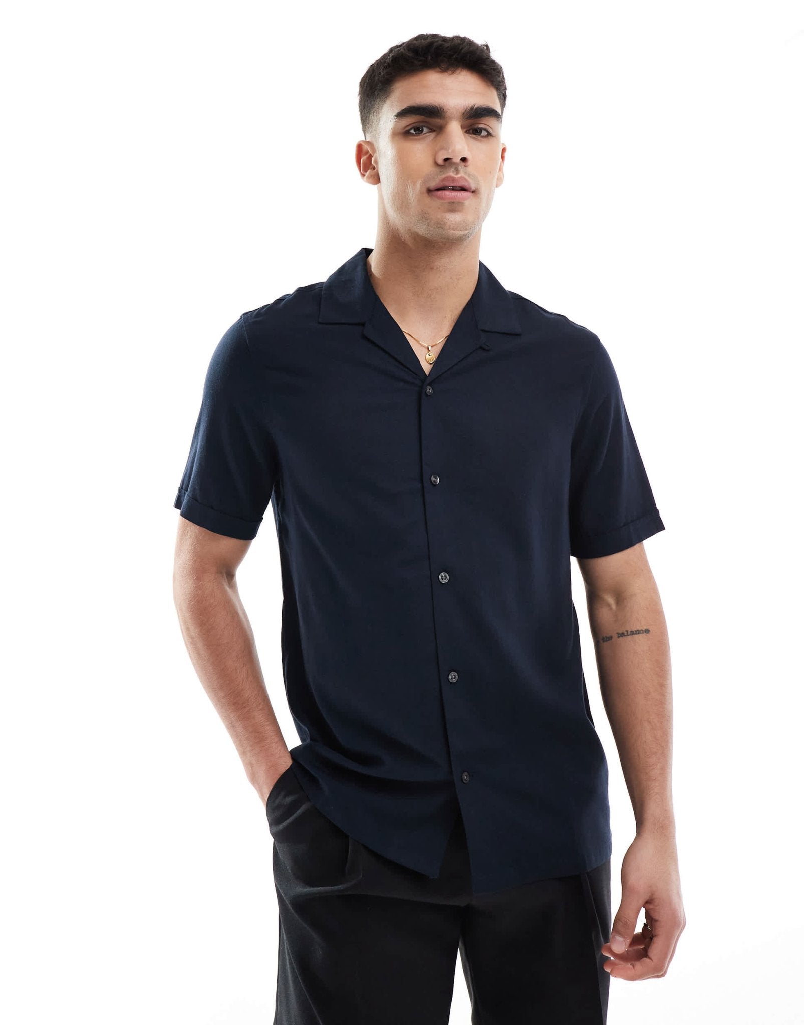 French Connection short sleeve linen revere shirt in navy - ASOS Sample Sale