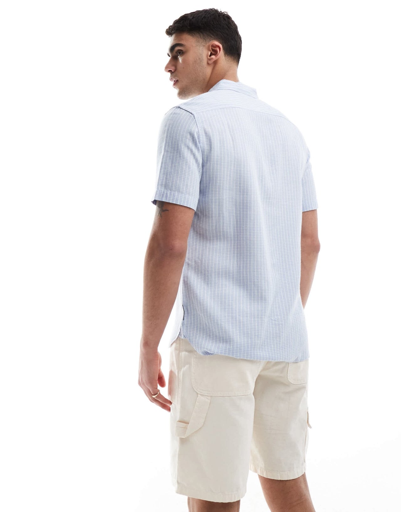 French Connection short sleeve linen shirt in soft blue check - ASOS Sample Sale