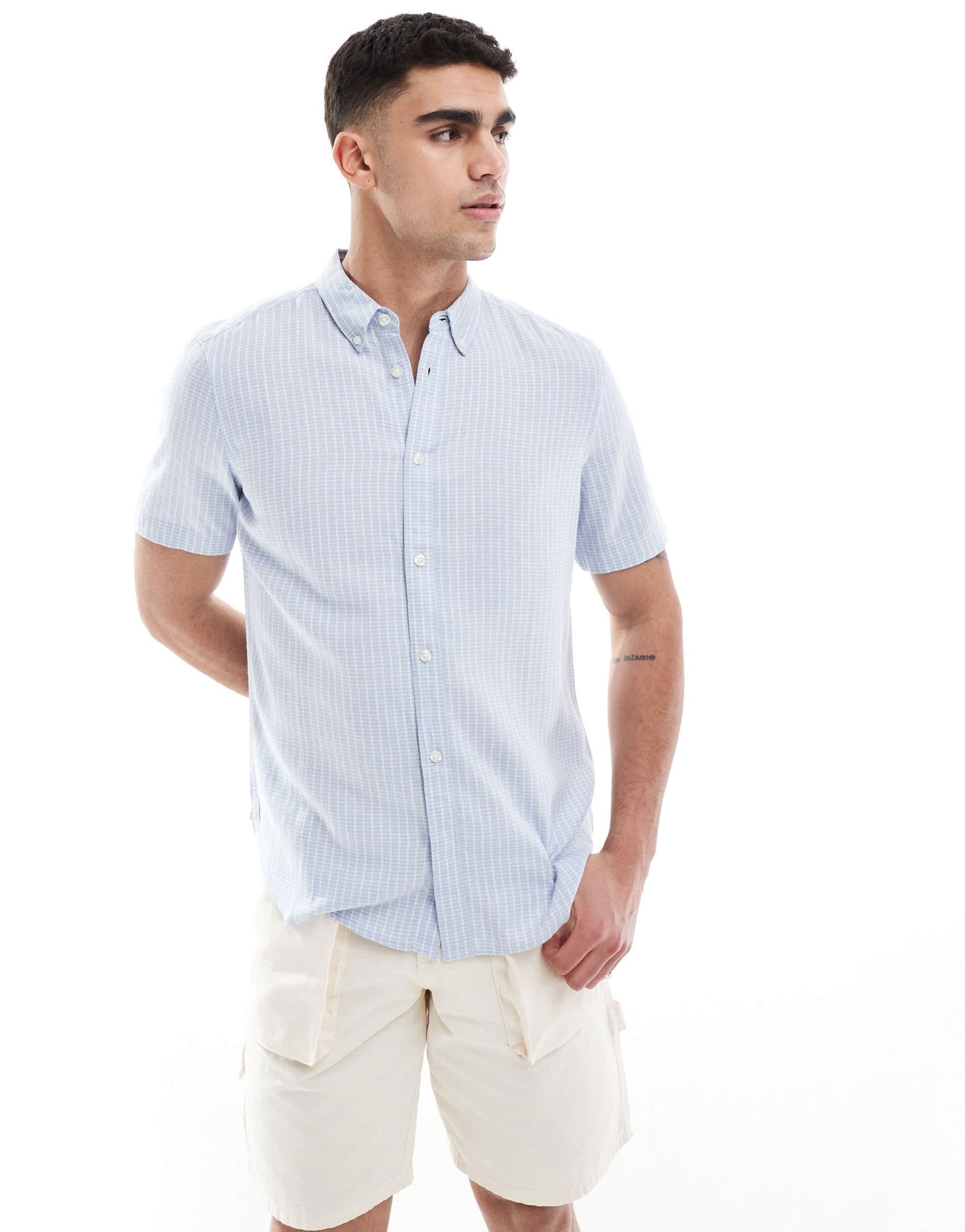 French Connection short sleeve linen shirt in soft blue check - ASOS Sample Sale