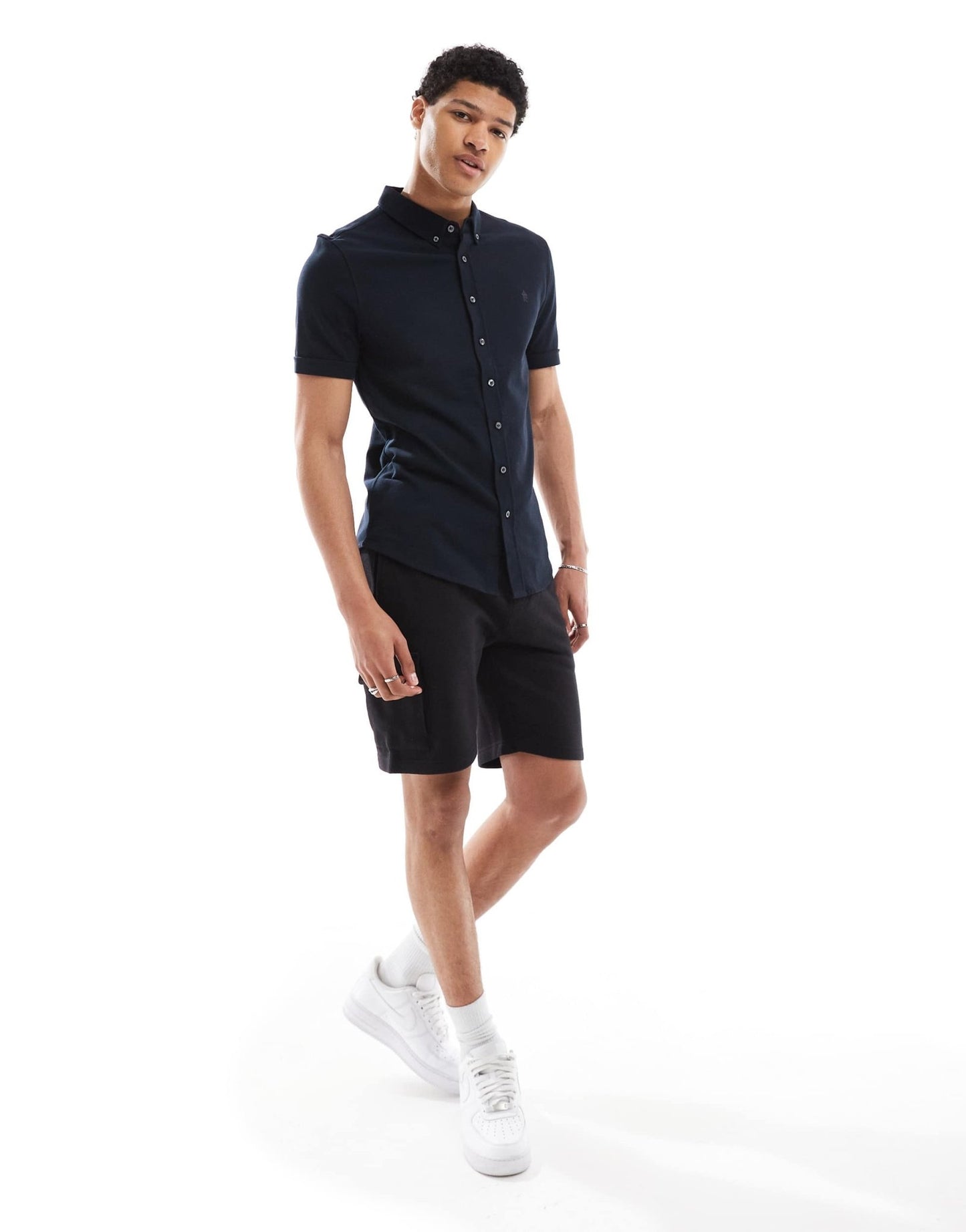 French Connection short sleeve pique button through polo in navy - ASOS Sample Sale