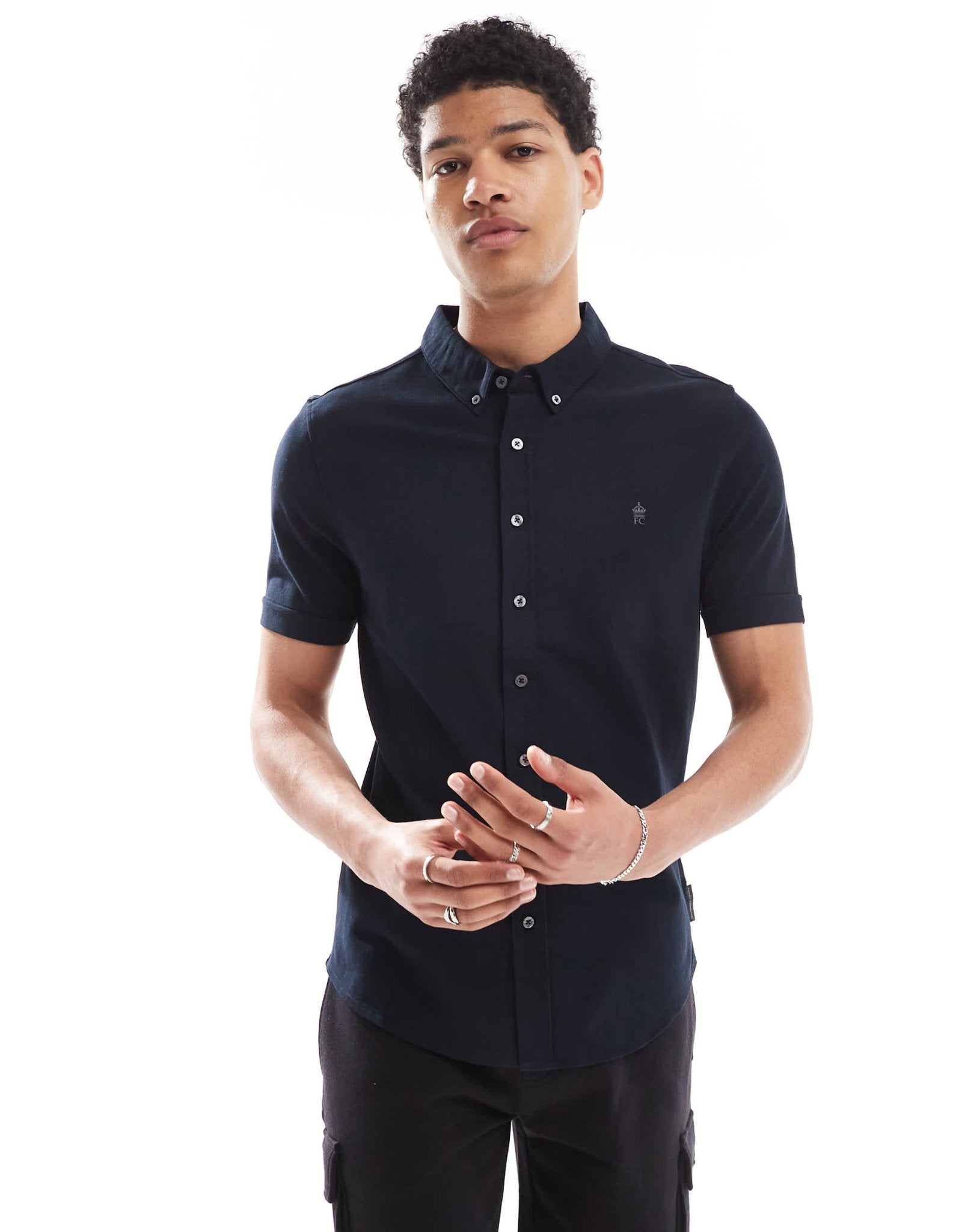 French Connection short sleeve pique button through polo in navy - ASOS Sample Sale