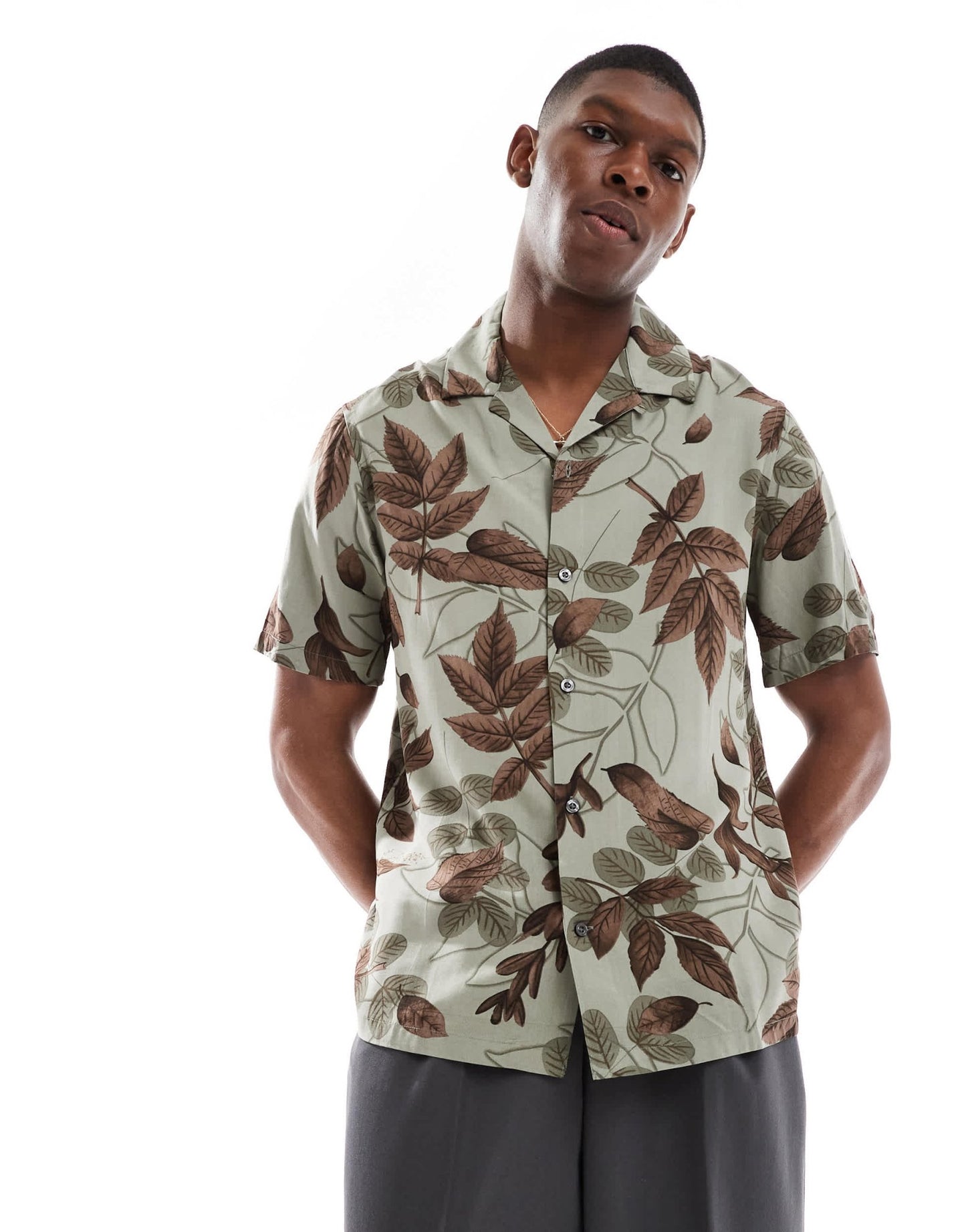 French Connection short sleeve revere shirt in khaki leaf print - ASOS Sample Sale
