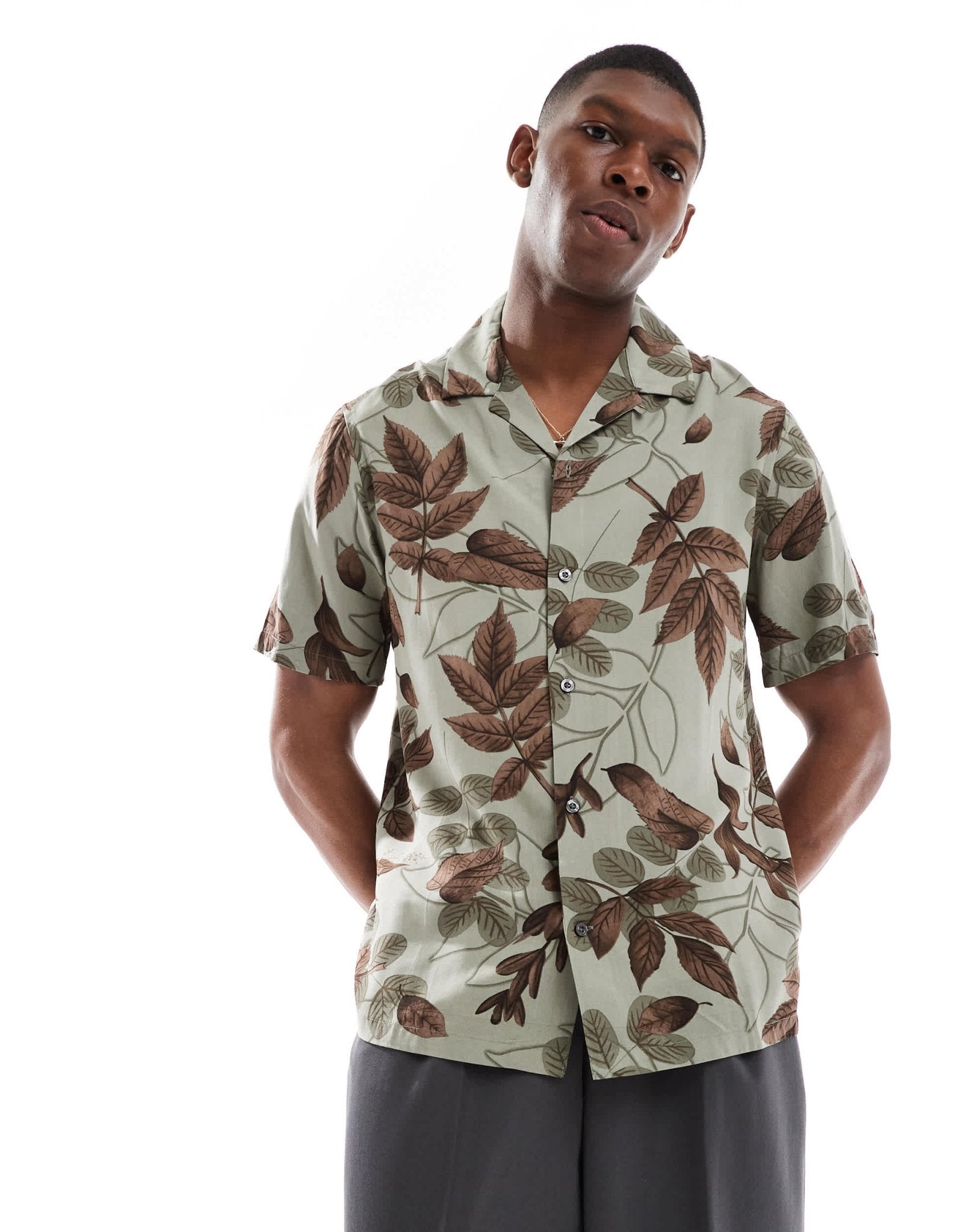 French Connection short sleeve revere shirt in khaki leaf print - ASOS Sample Sale
