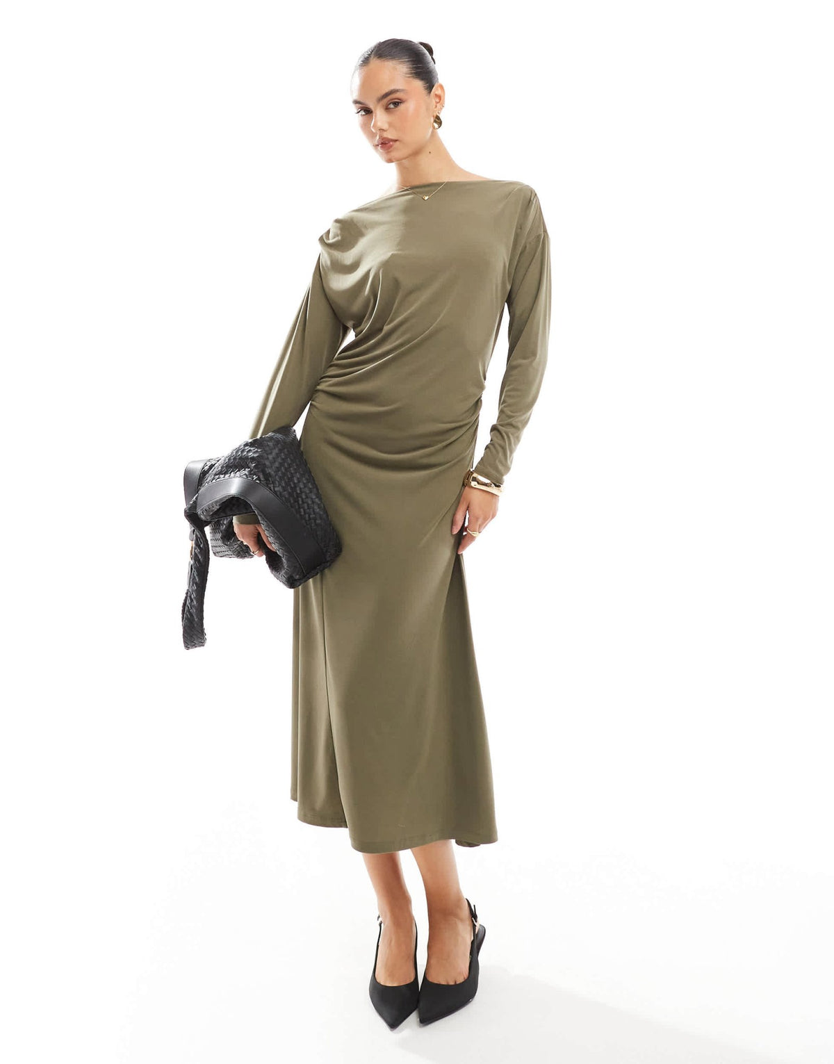 French Connection slash neck slinky jersey midi dress in khaki - ASOS Sample Sale