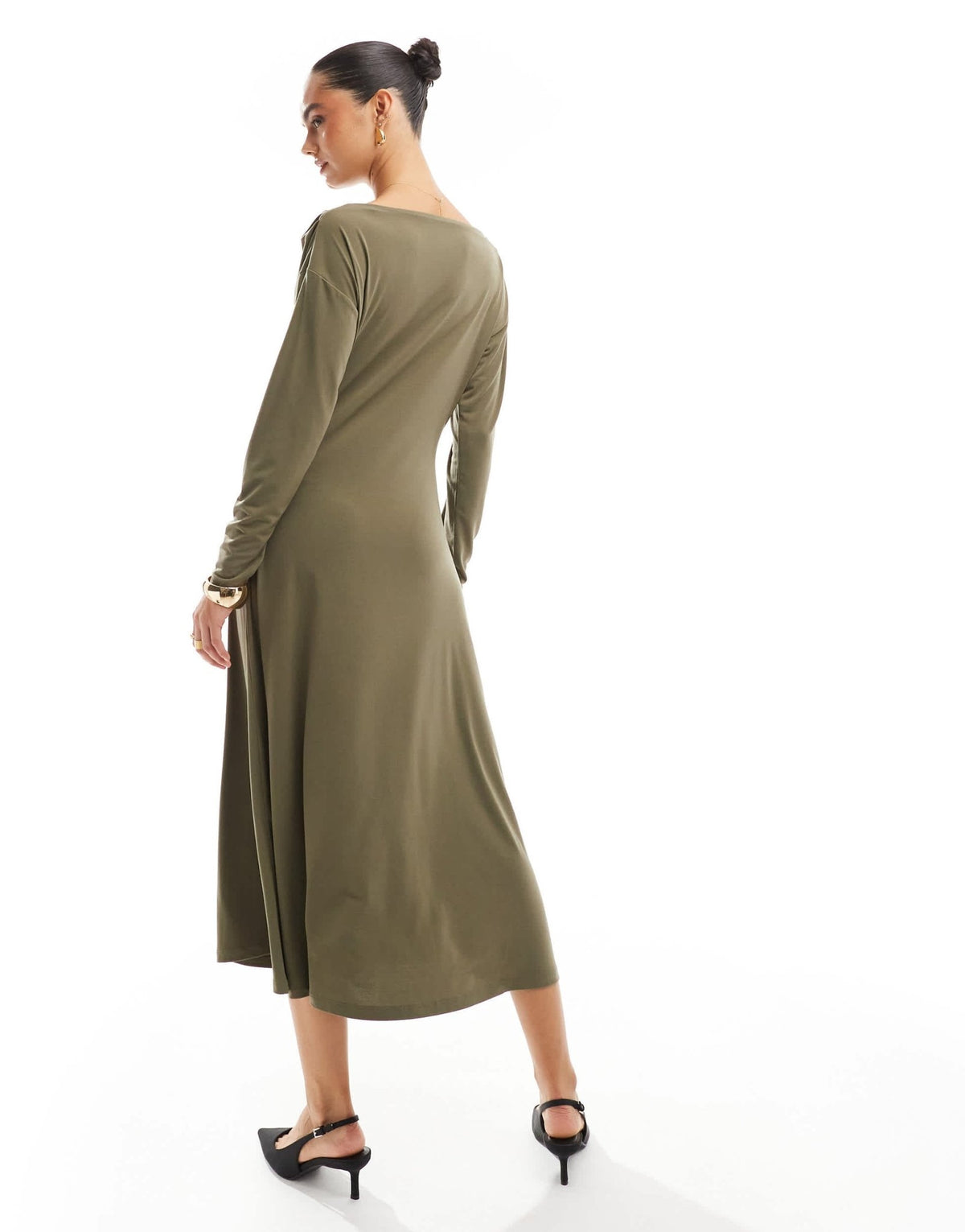 French Connection slash neck slinky jersey midi dress in khaki - ASOS Sample Sale
