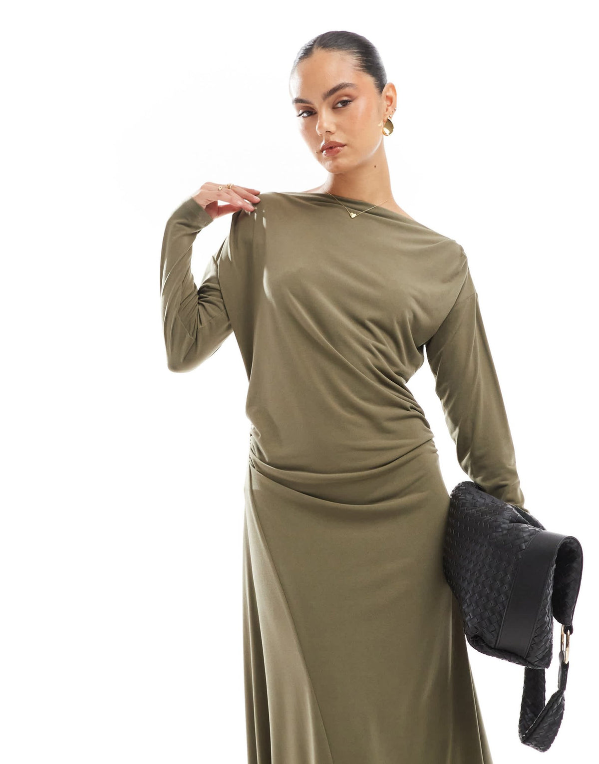 French Connection slash neck slinky jersey midi dress in khaki - ASOS Sample Sale