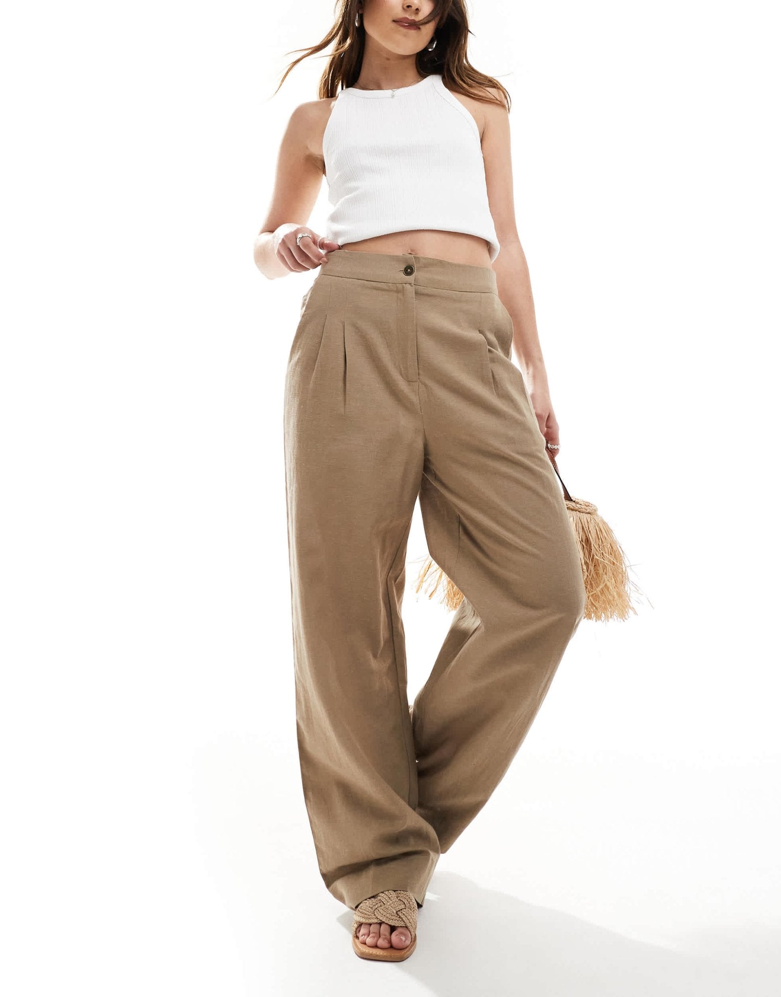 French Connection wide leg linen trousers in tan - ASOS Sample Sale