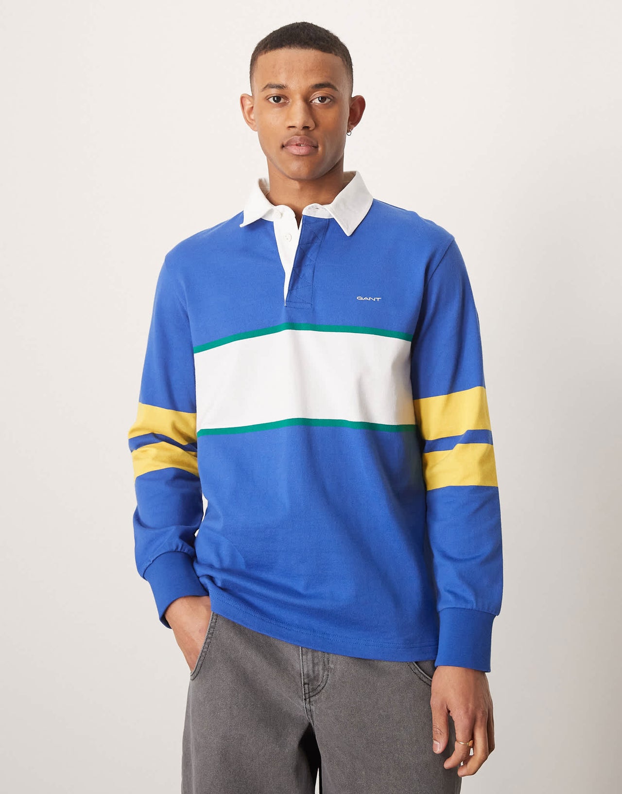 GANT logo chest stripe stripe heavyweight rugby polo in mid blue - ASOS Sample Sale