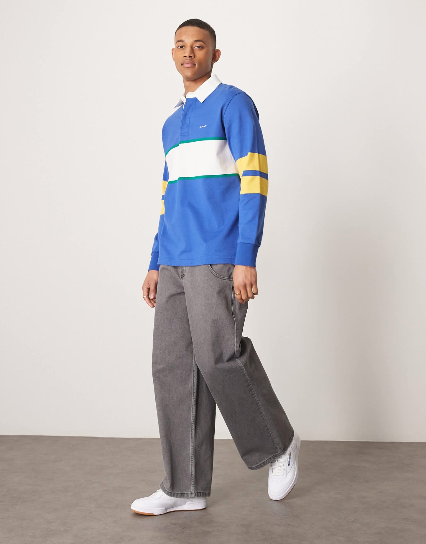GANT logo chest stripe stripe heavyweight rugby polo in mid blue - ASOS Sample Sale