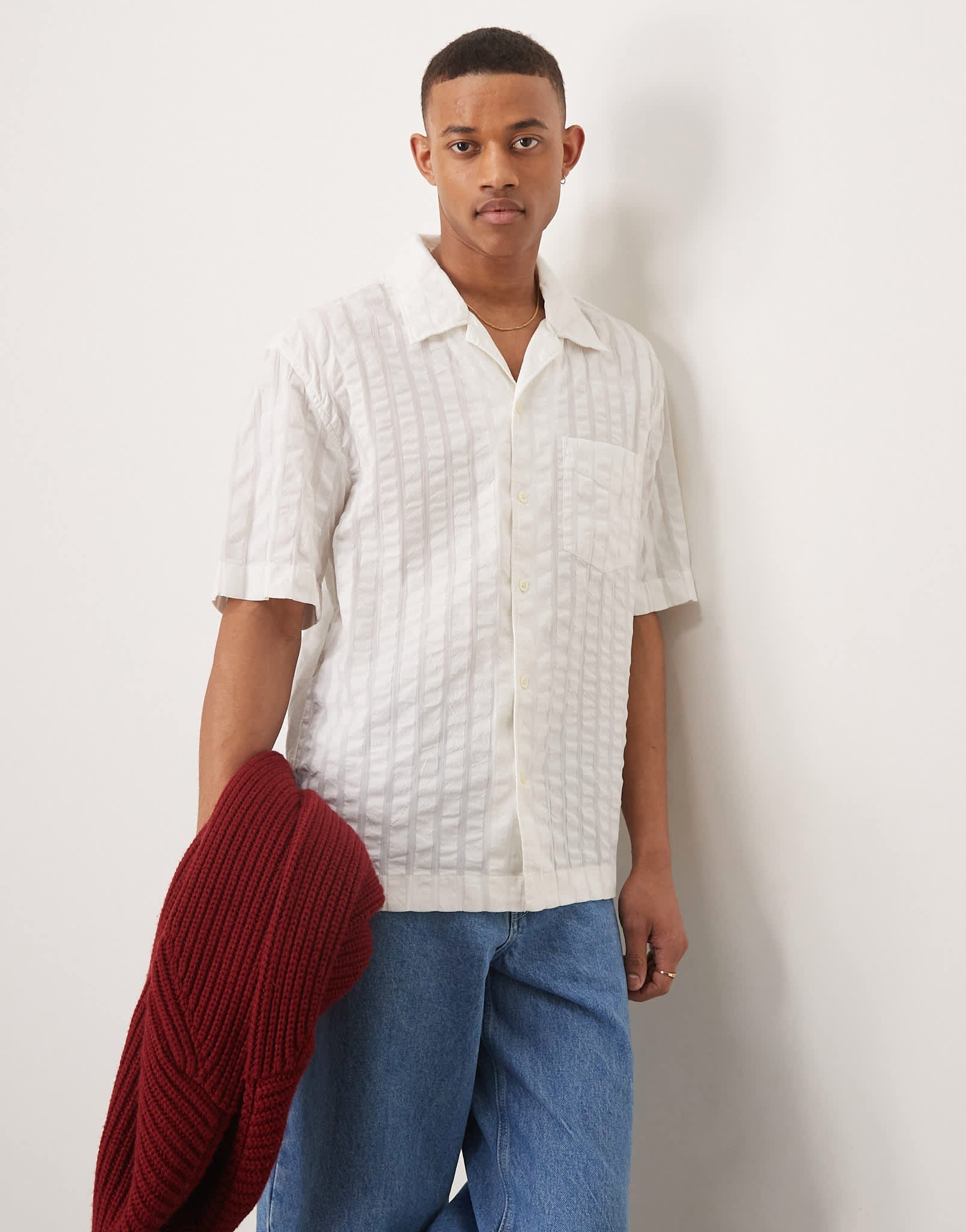 GANT resort revere collar short sleeve tonal seersucker stripe shirt in off white - ASOS Sample Sale