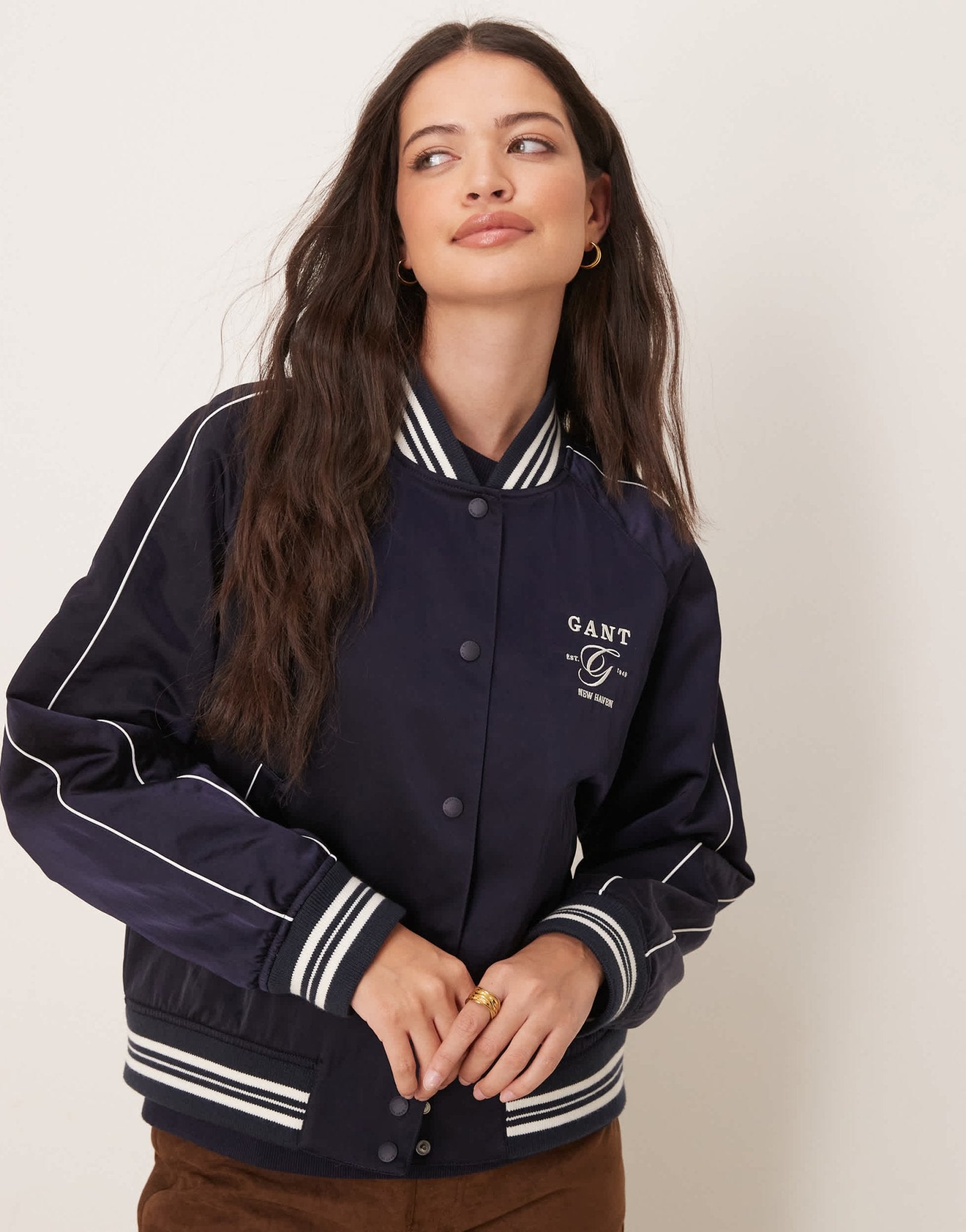GANT satin logo varsity bomber jacket in navy - ASOS Sample Sale
