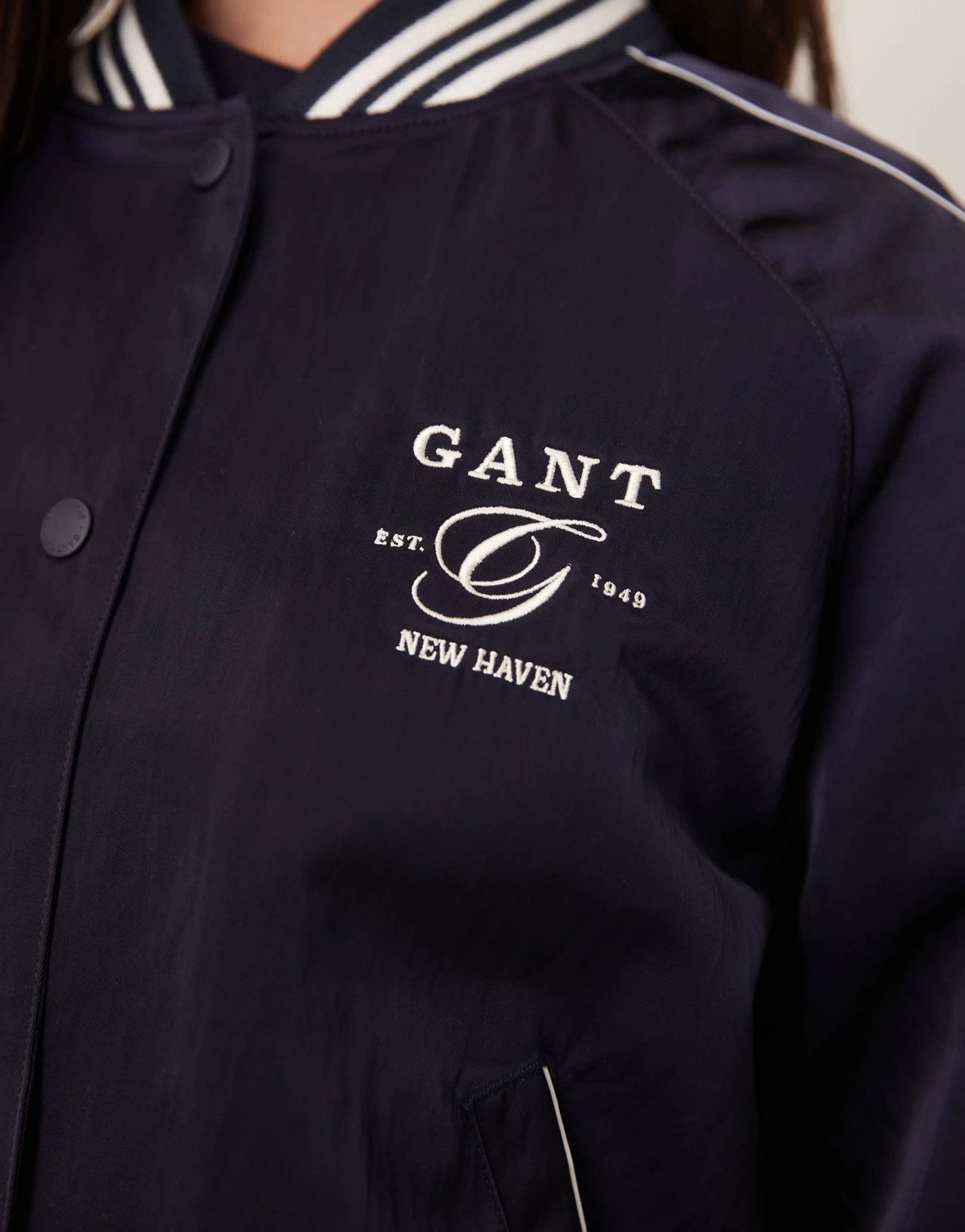 GANT satin logo varsity bomber jacket in navy - ASOS Sample Sale