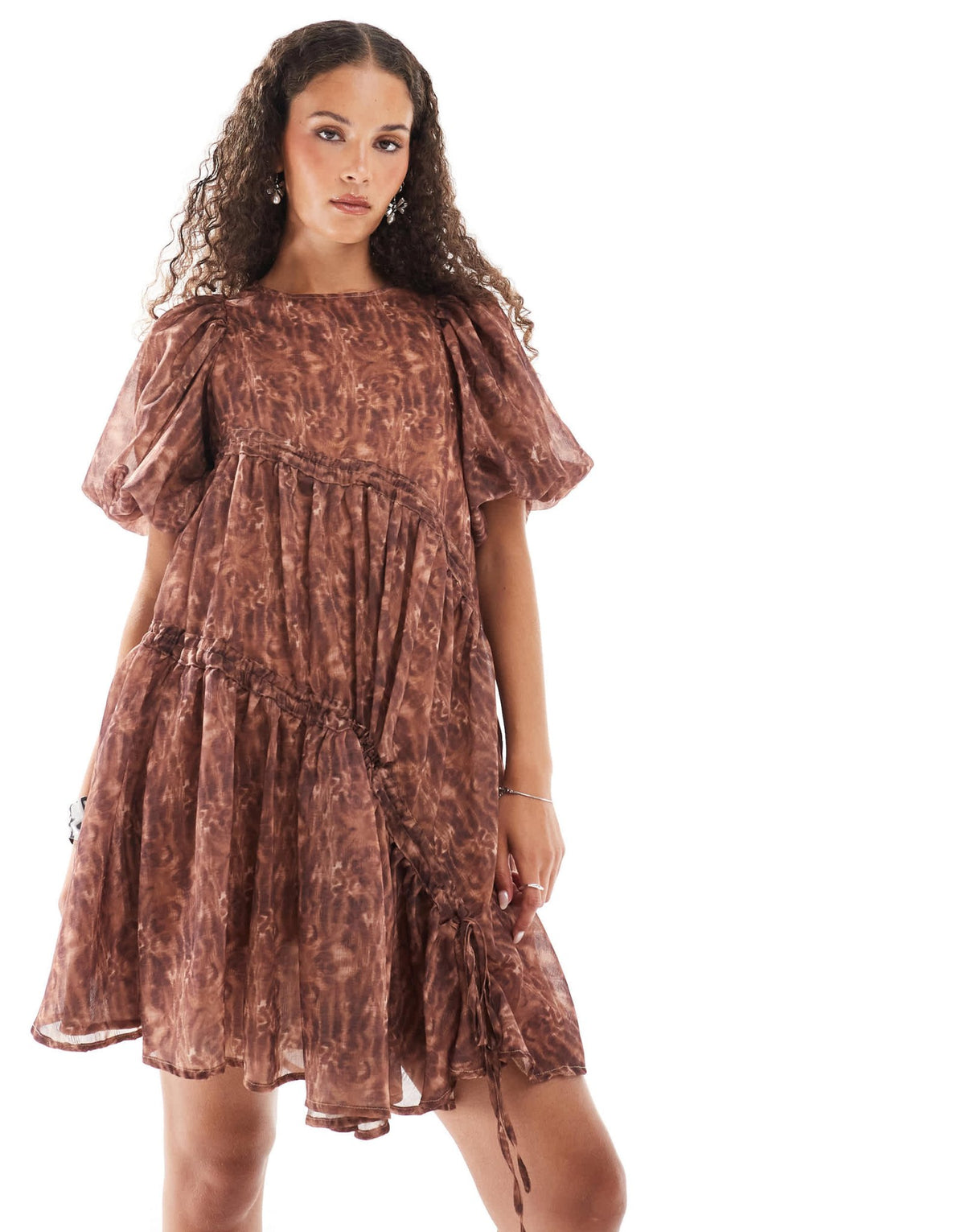 Ghospell asymmetric ruched mini dress in brown print - ASOS Sample Sale