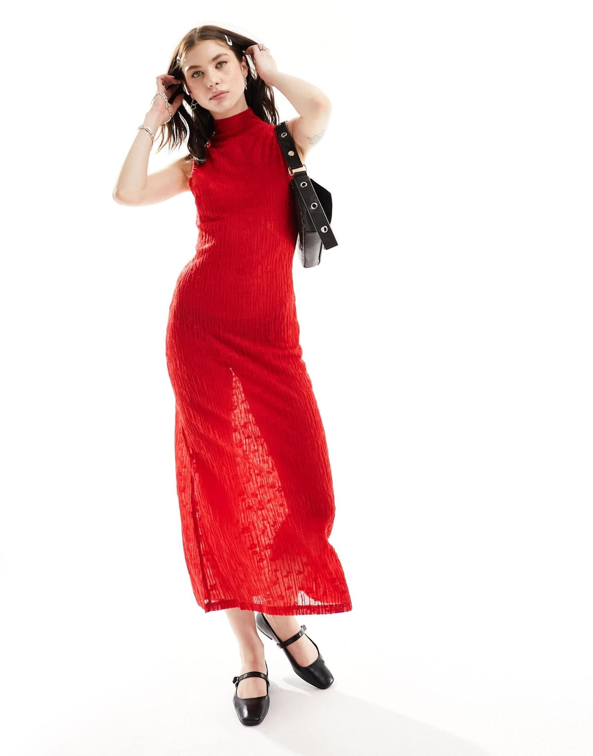 Ghospell high neck textured sheer midi dress in red - ASOS Sample Sale