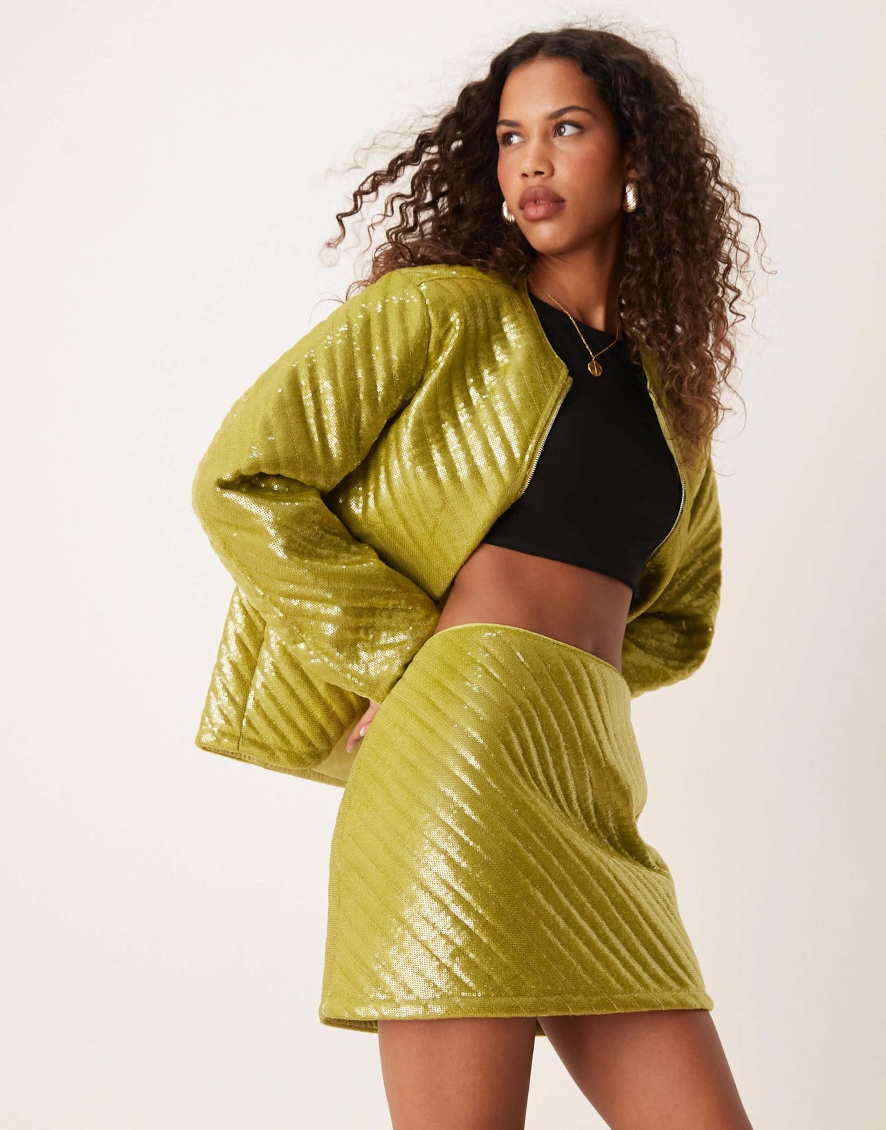 Ghospell padded sequin mini skirt co - ord in olive - ASOS Sample Sale