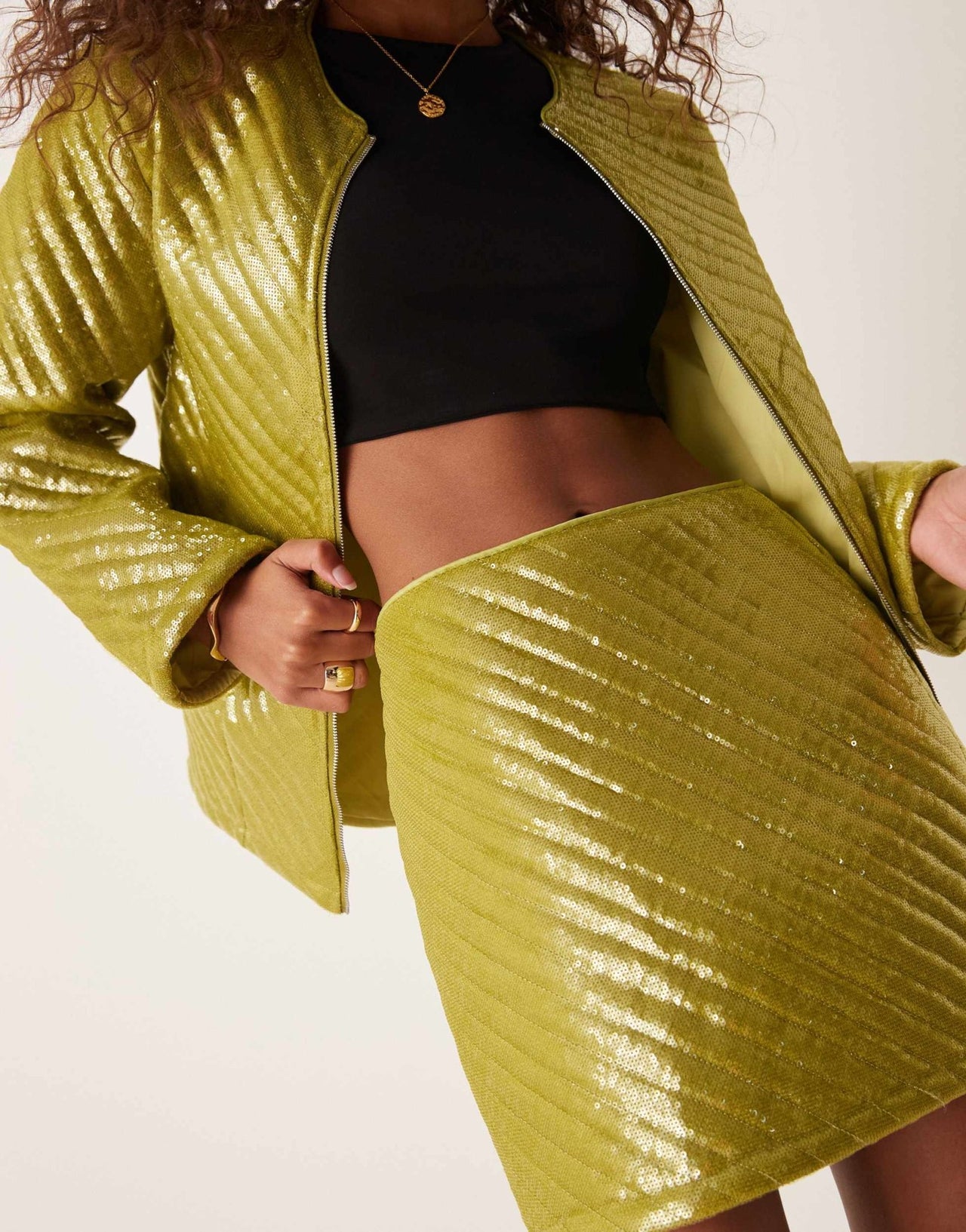 Ghospell padded sequin mini skirt co - ord in olive - ASOS Sample Sale