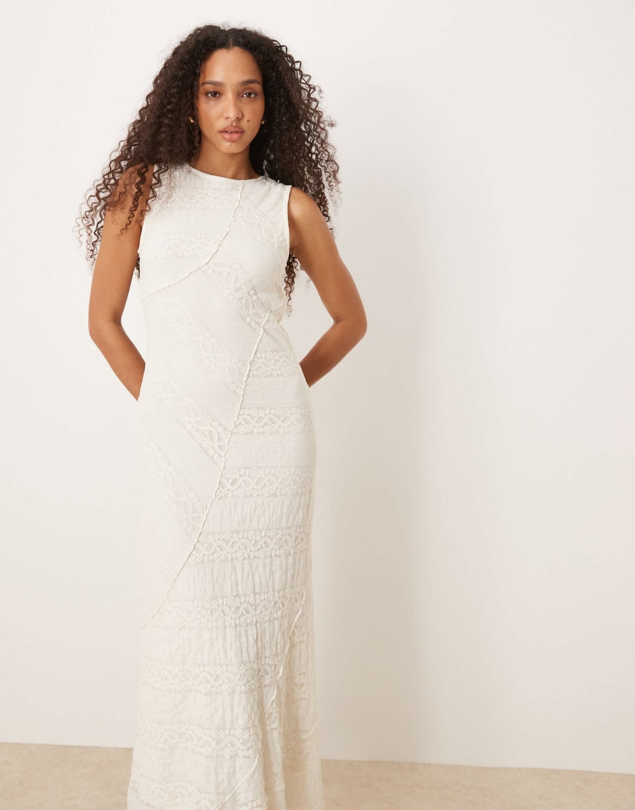 Gina Tricot antique lace craft sleeveless assymetric hem midi dress in natural off white - ASOS Sample Sale