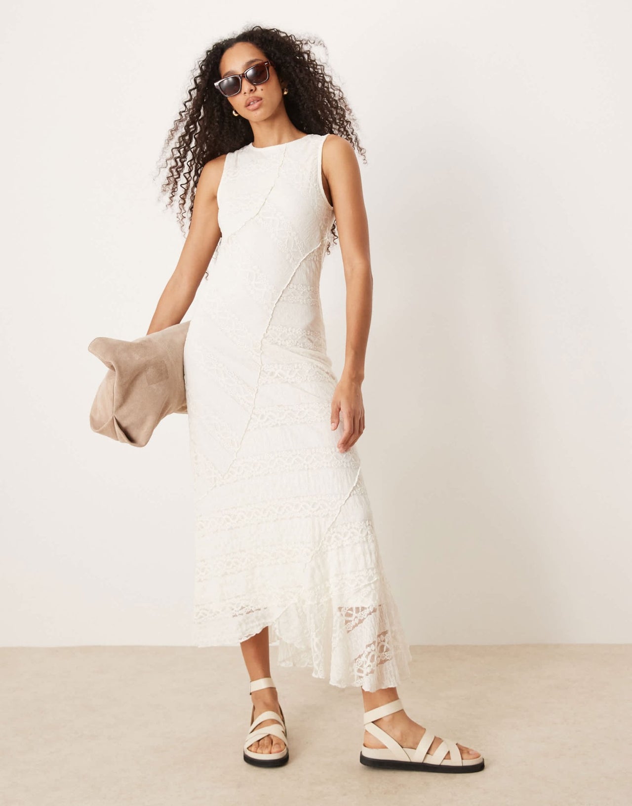 Gina Tricot antique lace craft sleeveless assymetric hem midi dress in natural off white - ASOS Sample Sale