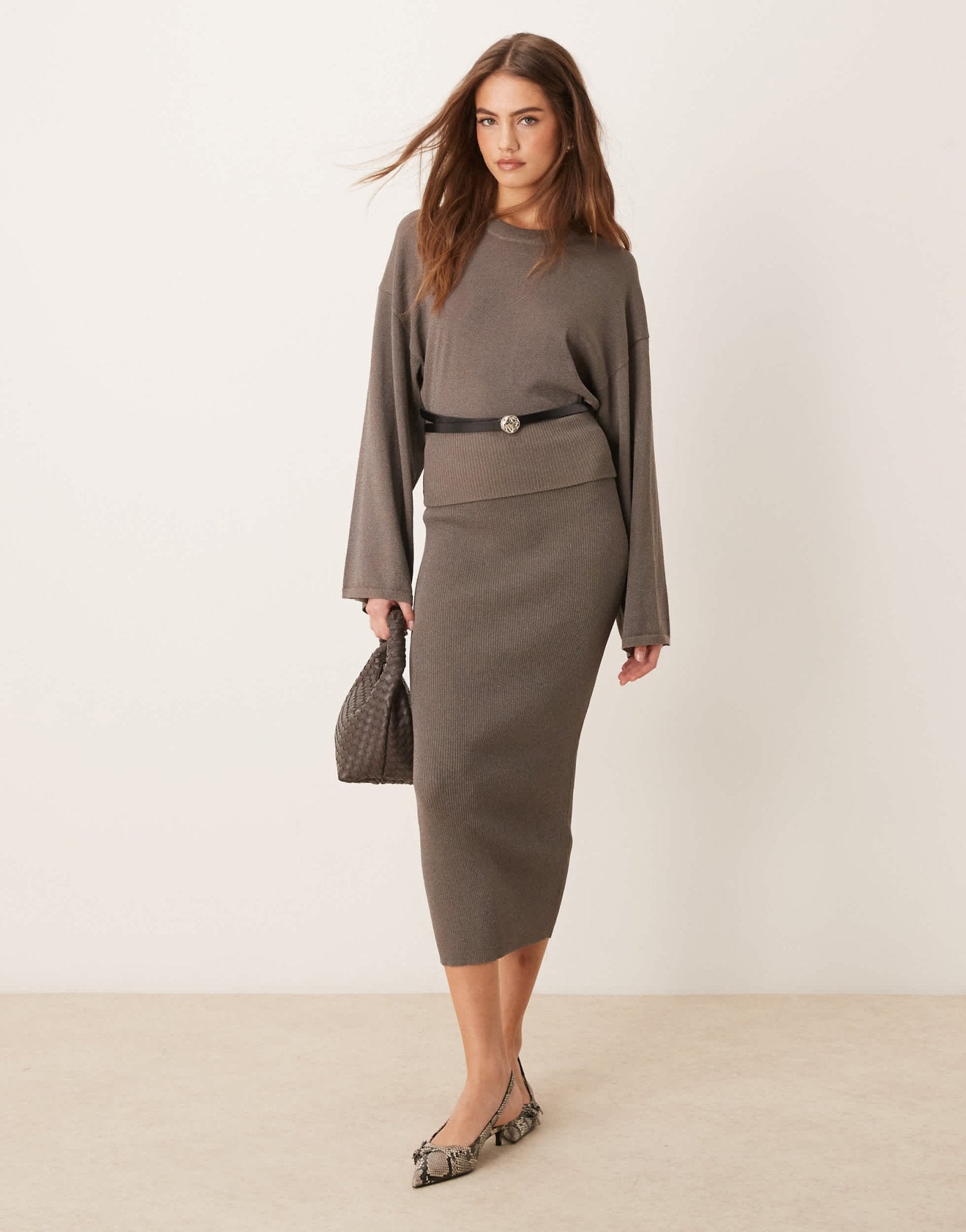 Gina Tricot co - ord metallic fine knit maxi skirt in dark beige - ASOS Sample Sale