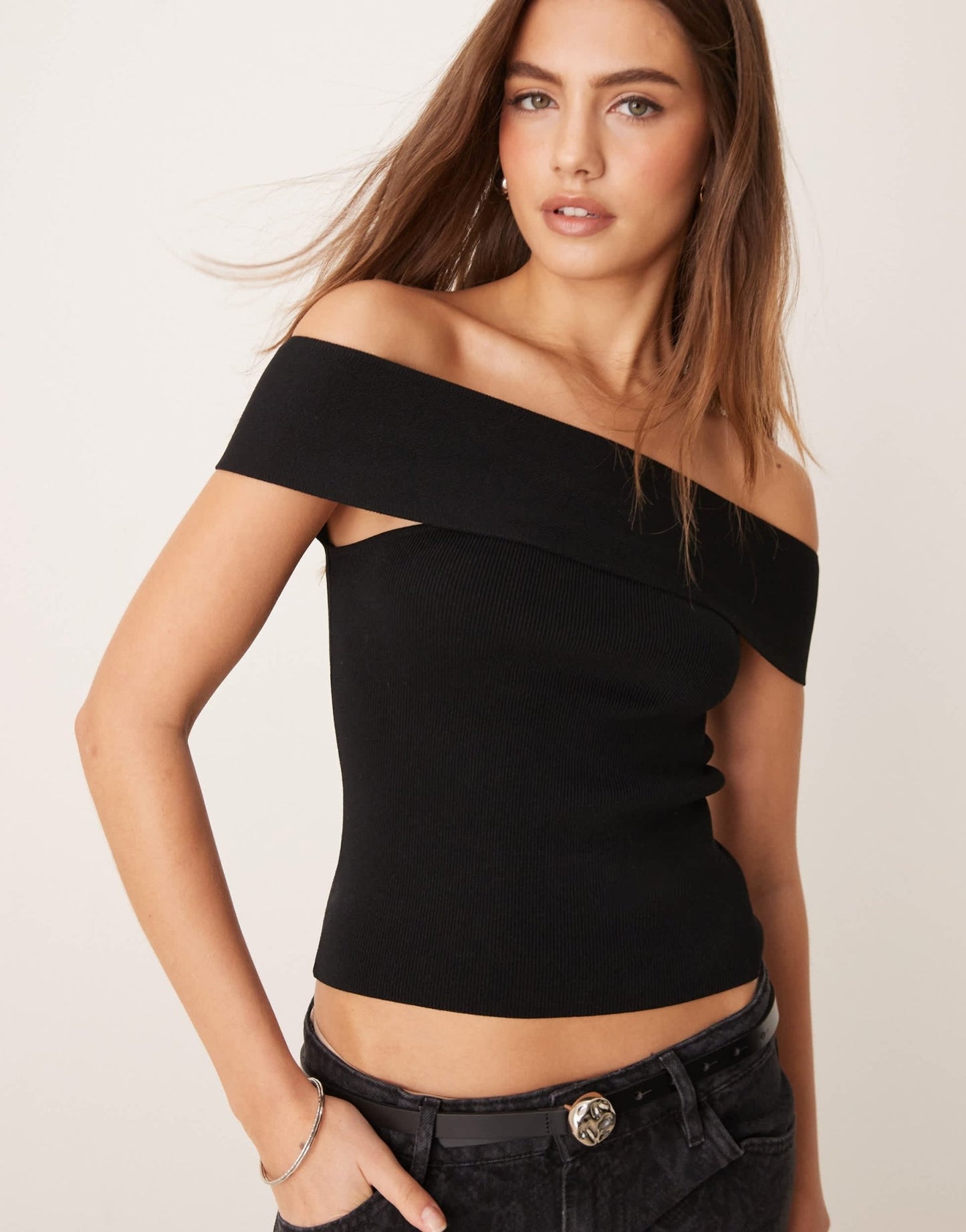Gina Tricot compact knitted top with off shoulder detail in black - ASOS Sample Sale