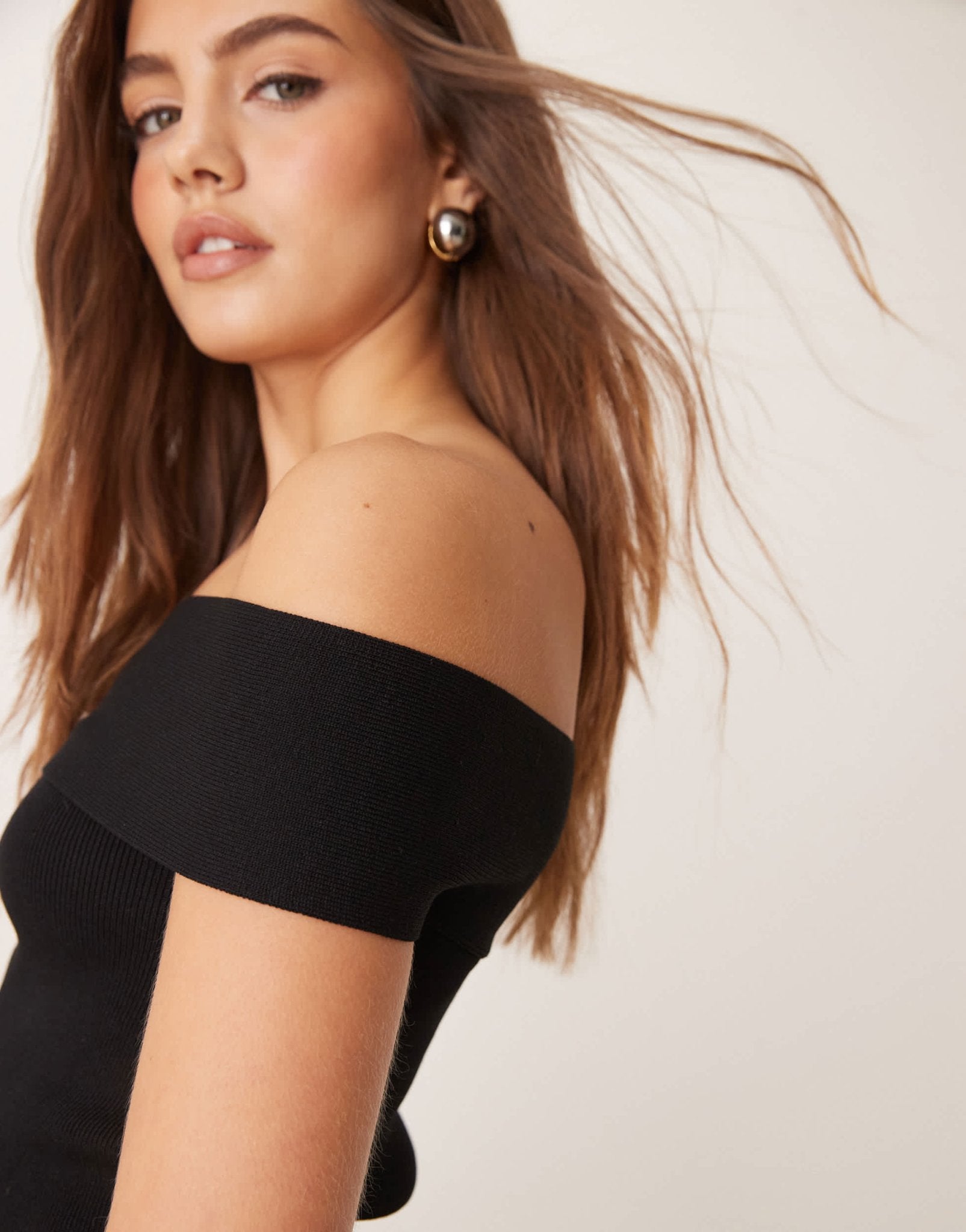 Gina Tricot compact knitted top with off shoulder detail in black - ASOS Sample Sale