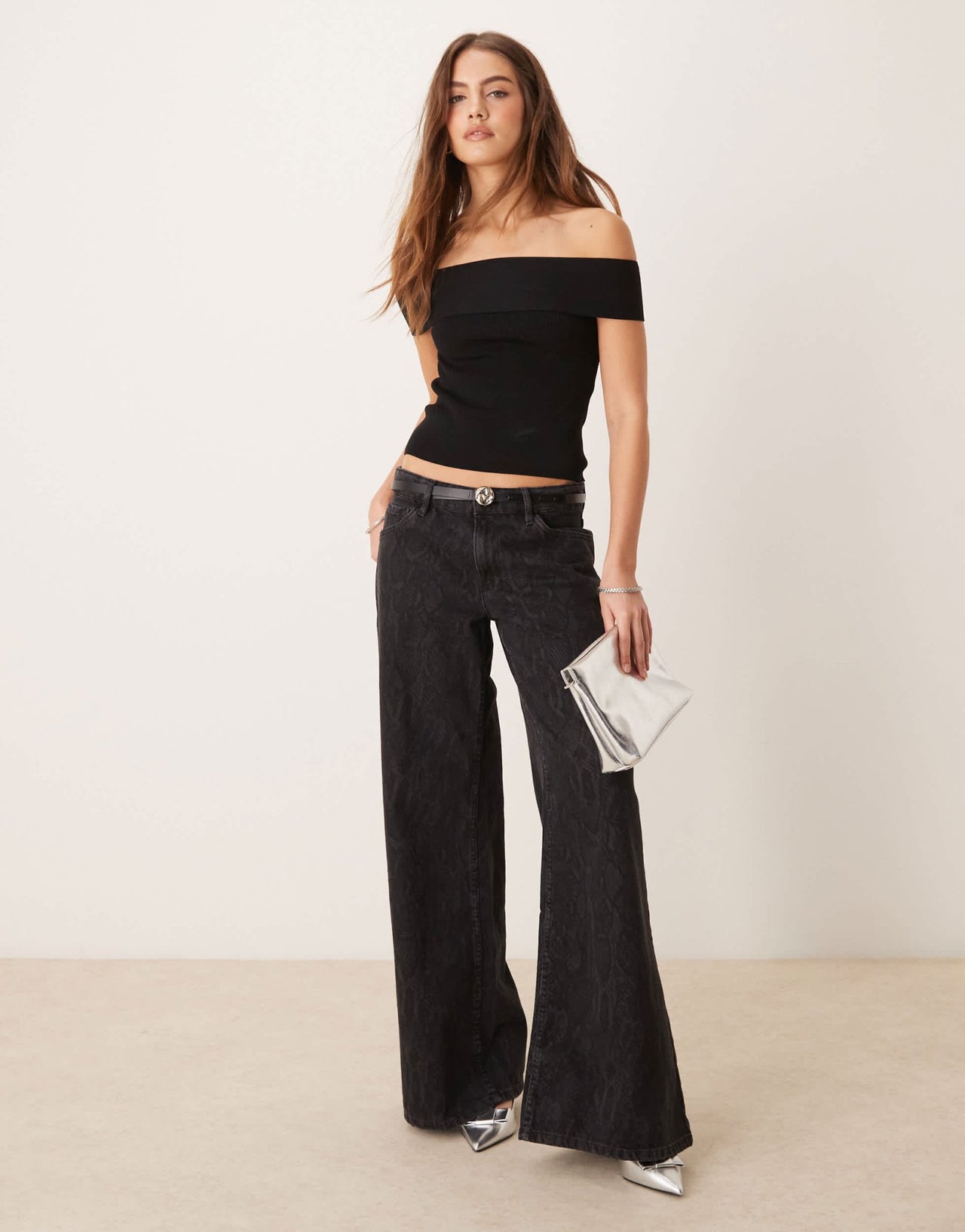 Gina Tricot compact knitted top with off shoulder detail in black - ASOS Sample Sale