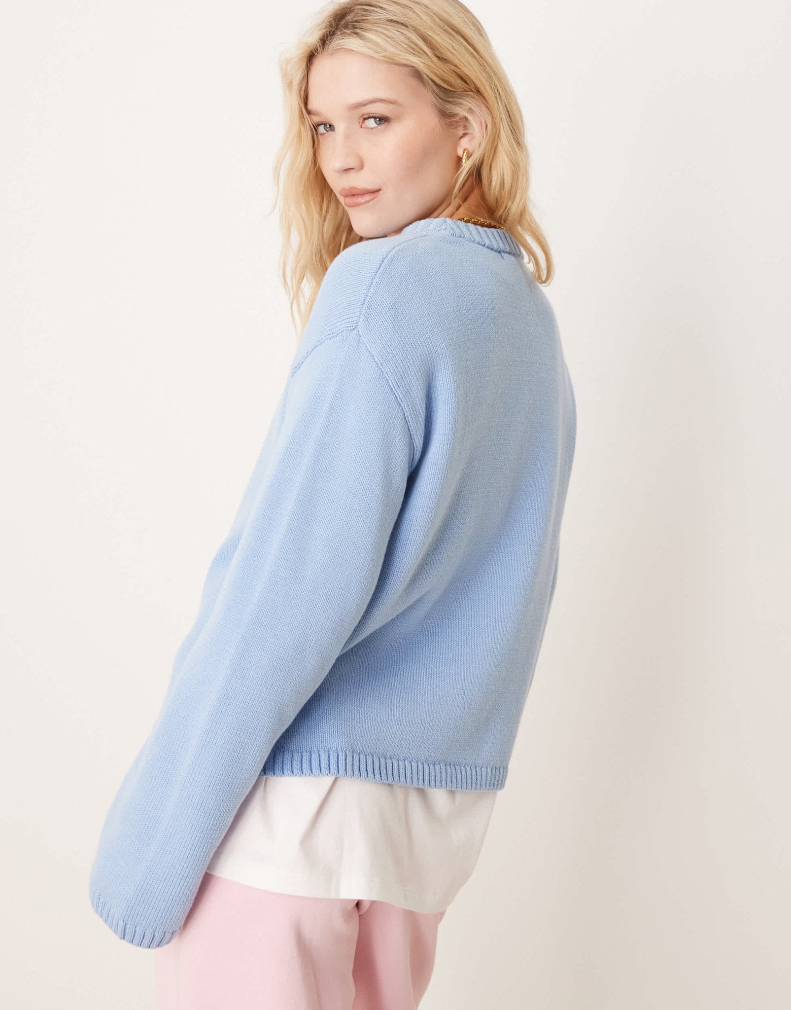 Gina Tricot cotton blend knitted sweater with crew neck in blue - ASOS Sample Sale