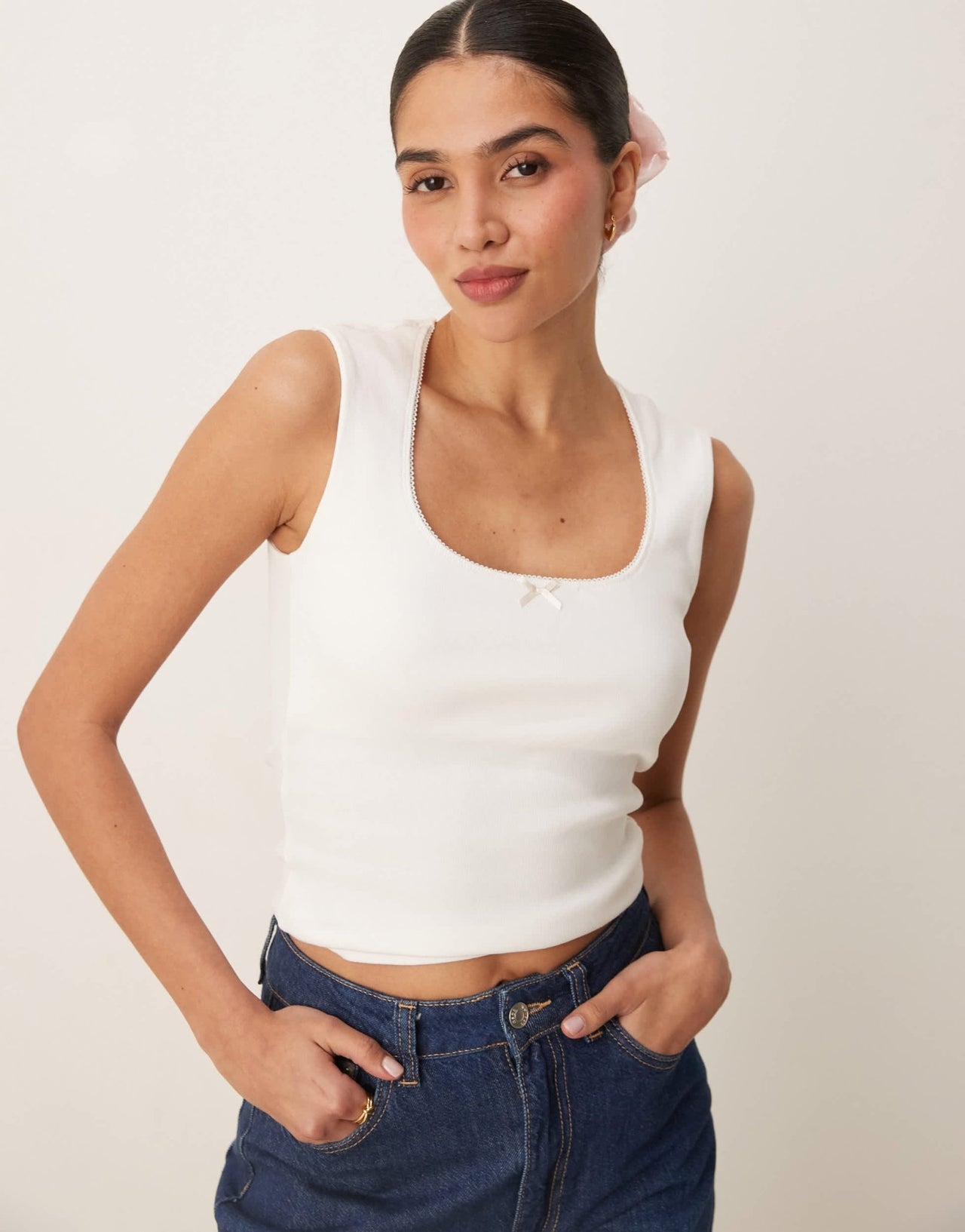Gina Tricot embroidered edge cotton vest in white - ASOS Sample Sale