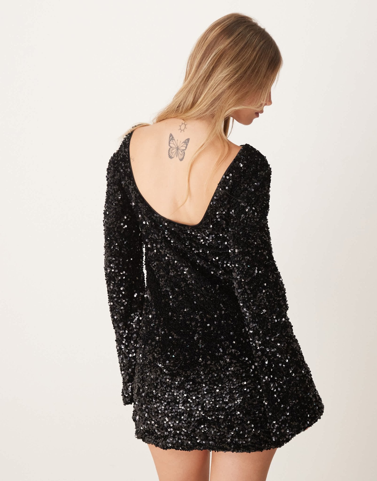 Gina Tricot flared sleeves low back sequin mini dress in black - ASOS Sample Sale