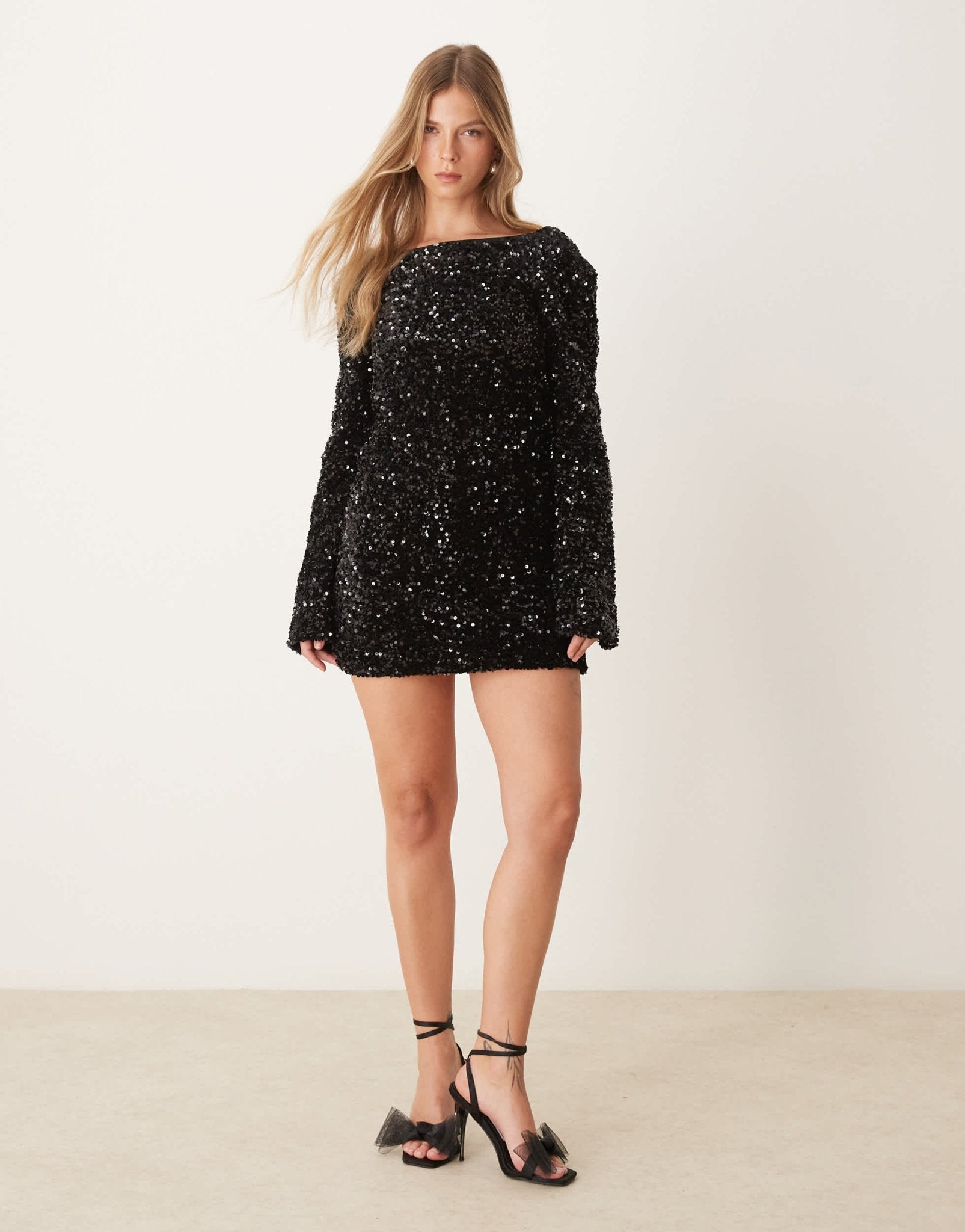 Gina Tricot flared sleeves low back sequin mini dress in black - ASOS Sample Sale