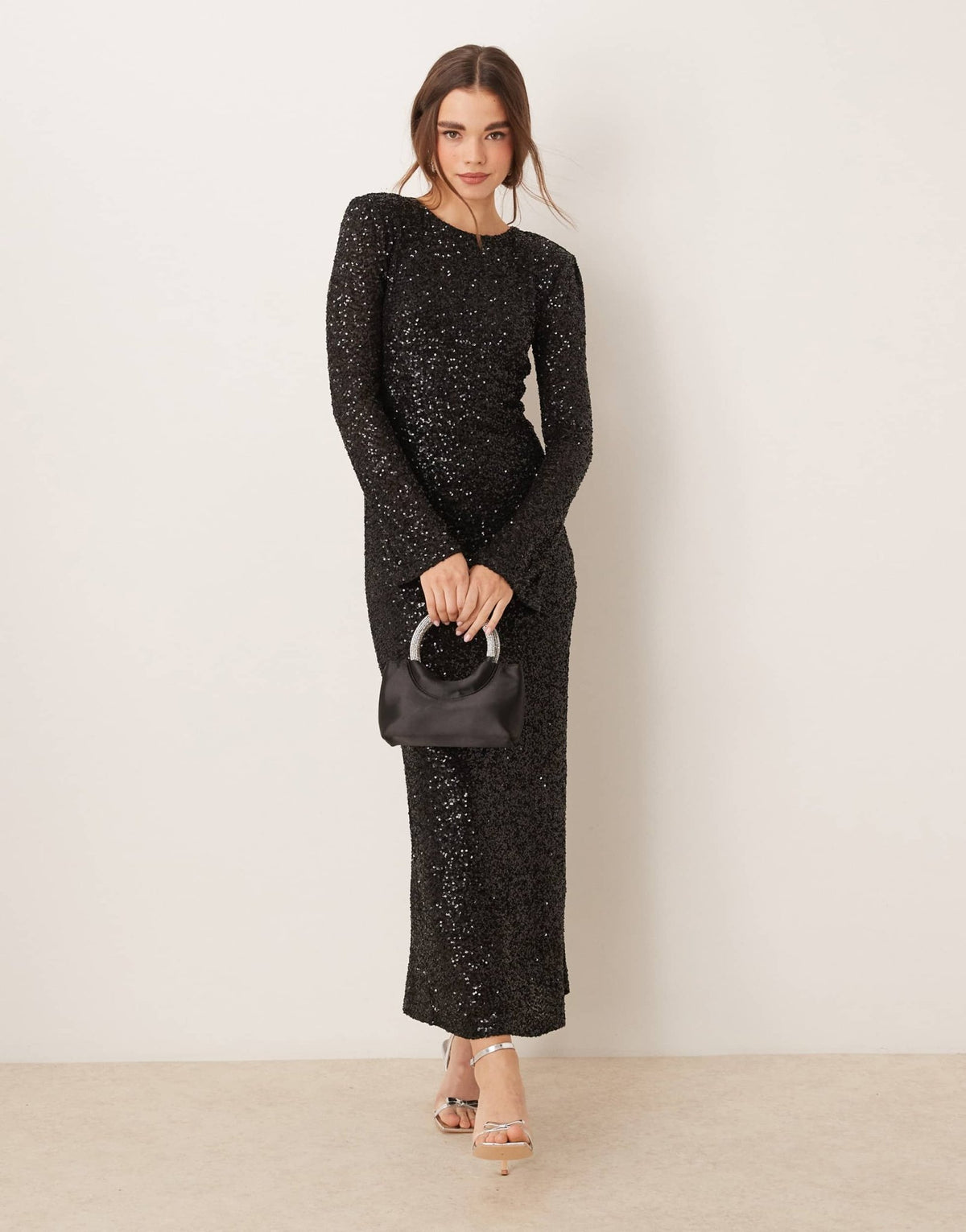 Gina Tricot fluted sleeve sequin maxi dress with open back in black - ASOS Sample Sale