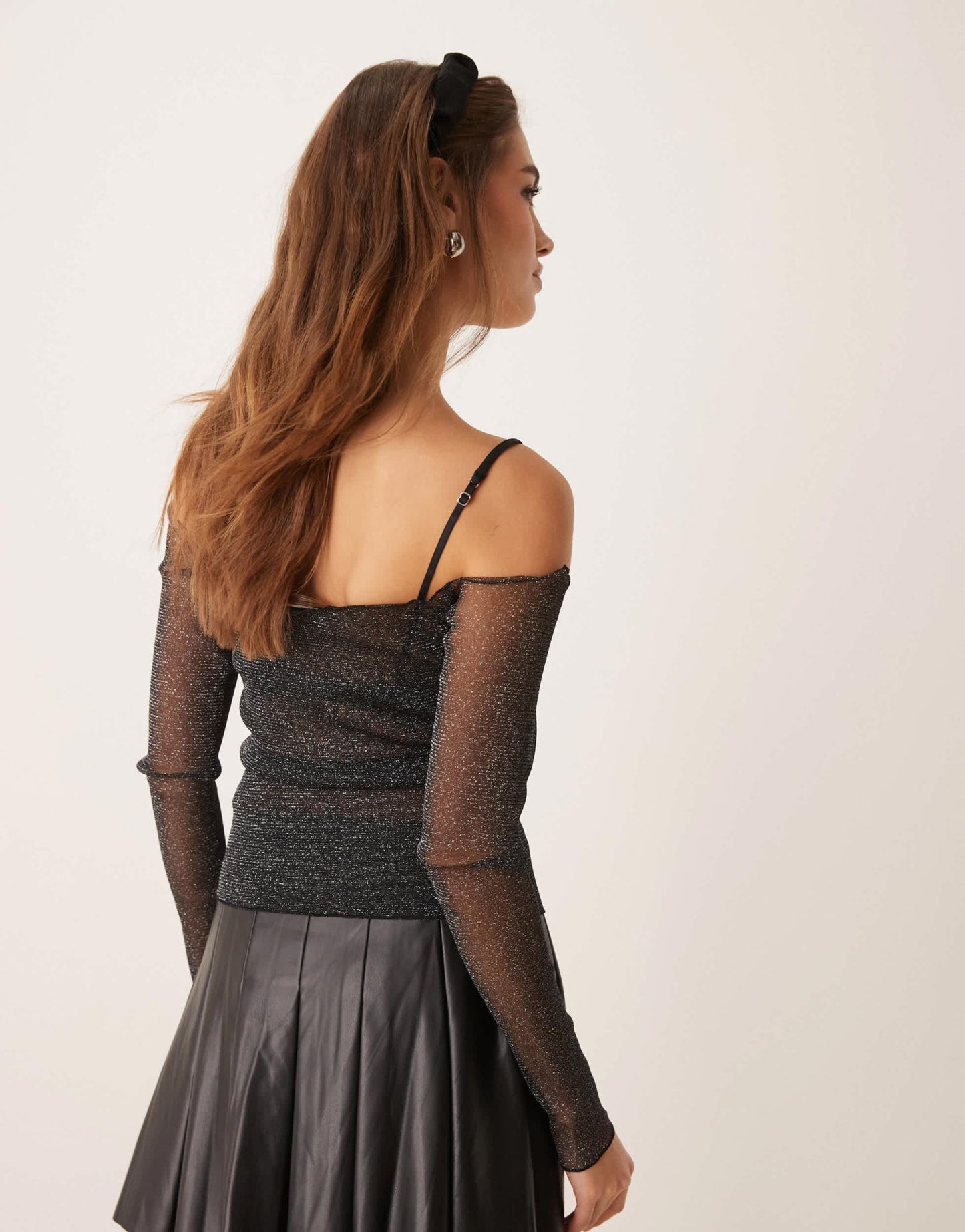 Gina Tricot glitter mesh off shoulder top with sheer panel in black metallic - ASOS Sample Sale