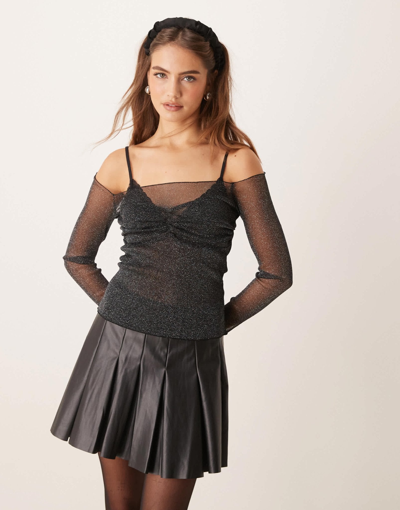 Gina Tricot glitter mesh off shoulder top with sheer panel in black metallic - ASOS Sample Sale