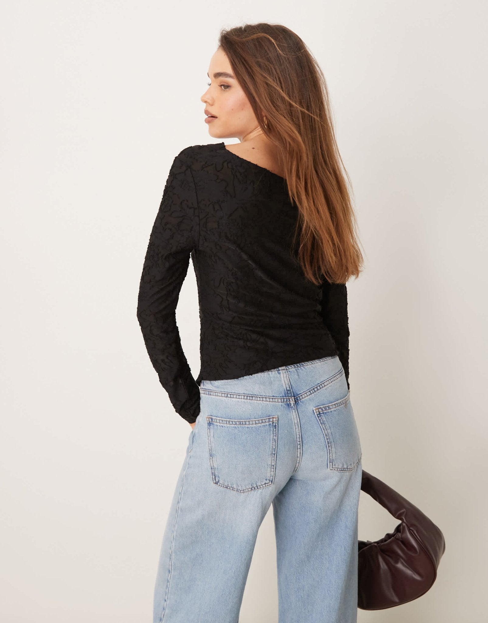 Gina Tricot jersey jacquard off shoulder top with asymmetric hem in black - ASOS Sample Sale