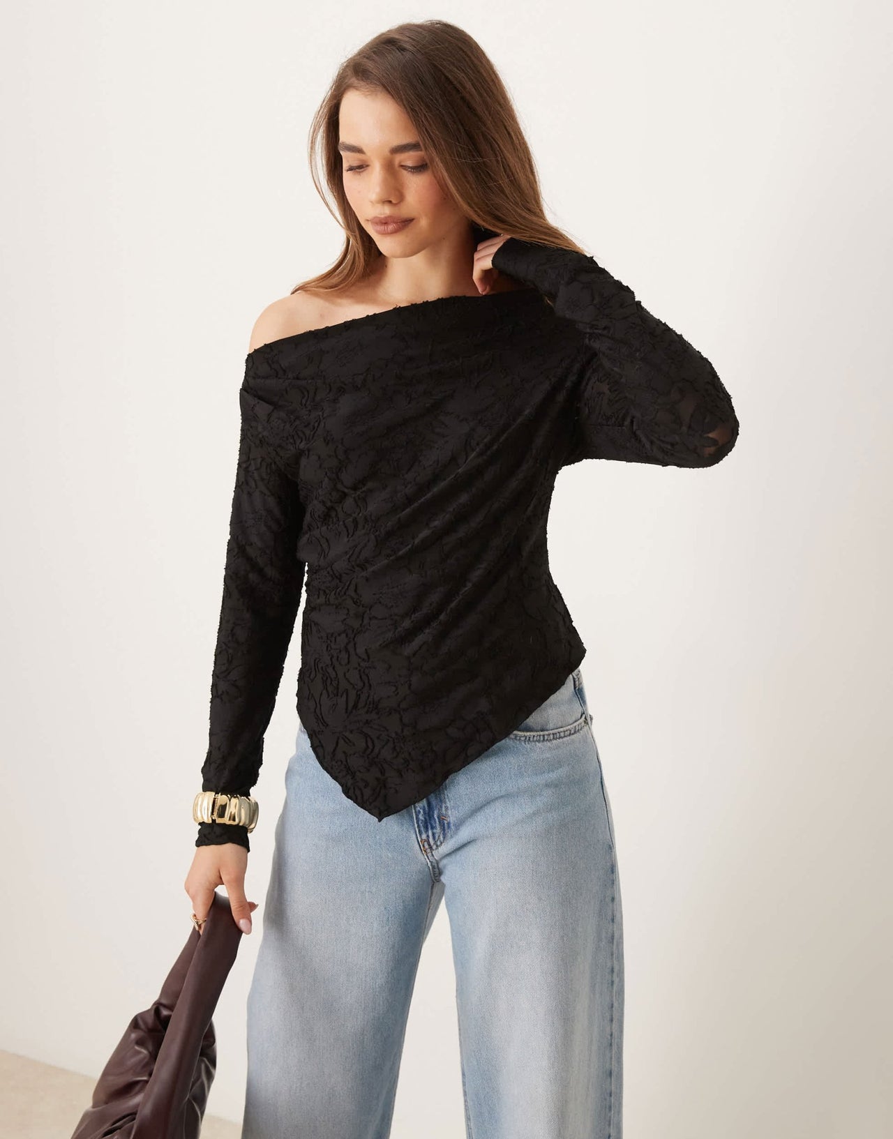 Gina Tricot jersey jacquard off shoulder top with asymmetric hem in black - ASOS Sample Sale