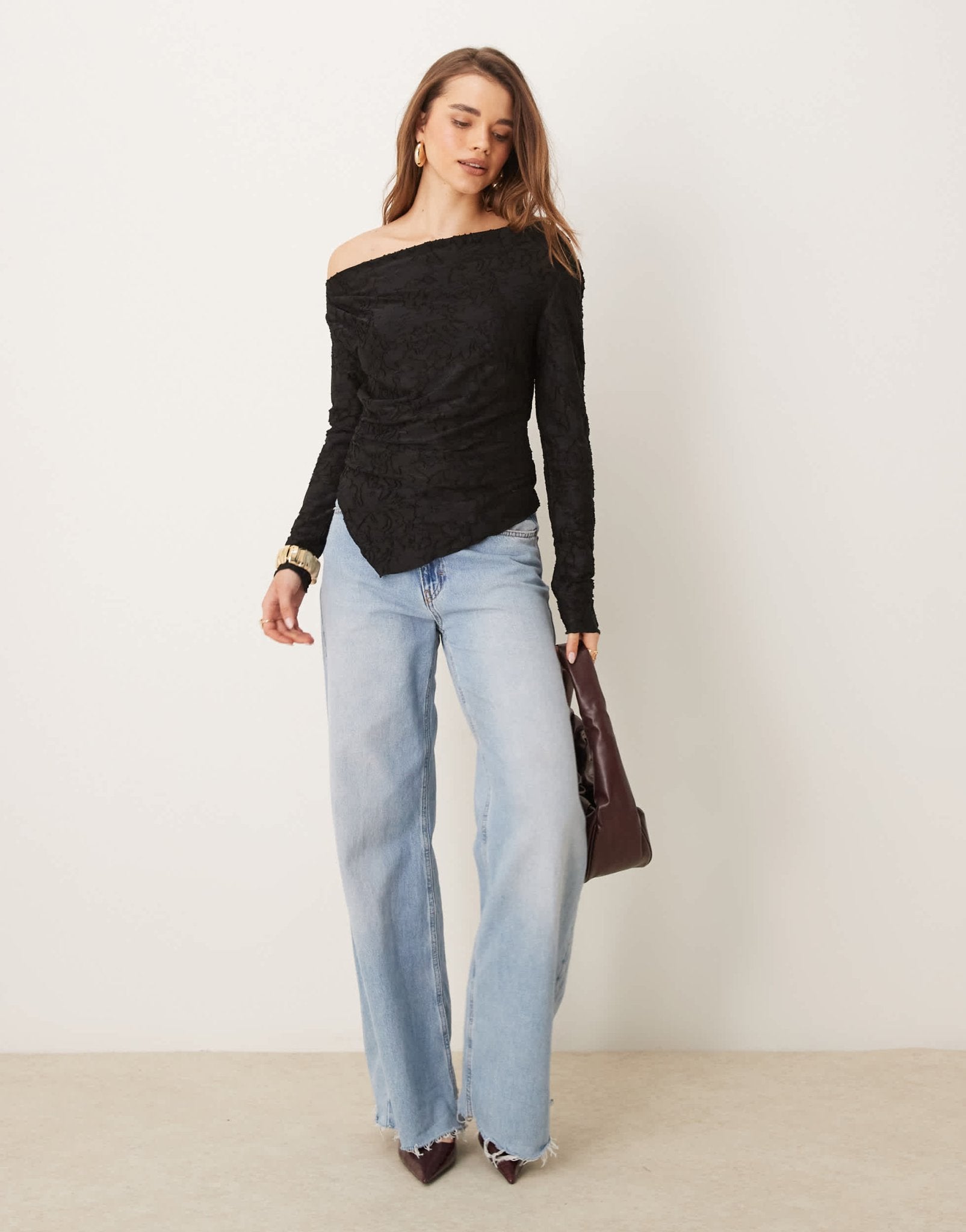Gina Tricot jersey jacquard off shoulder top with asymmetric hem in black - ASOS Sample Sale