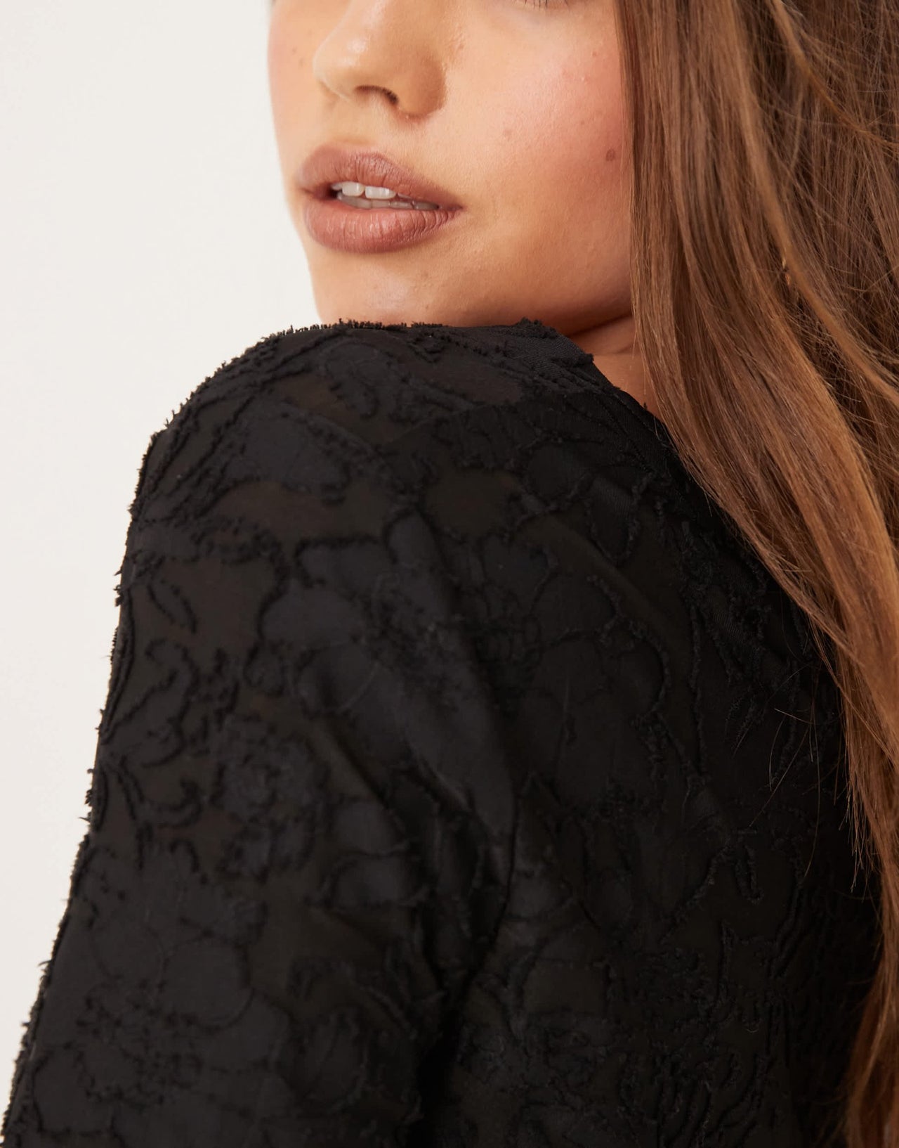 Gina Tricot jersey jacquard off shoulder top with asymmetric hem in black - ASOS Sample Sale