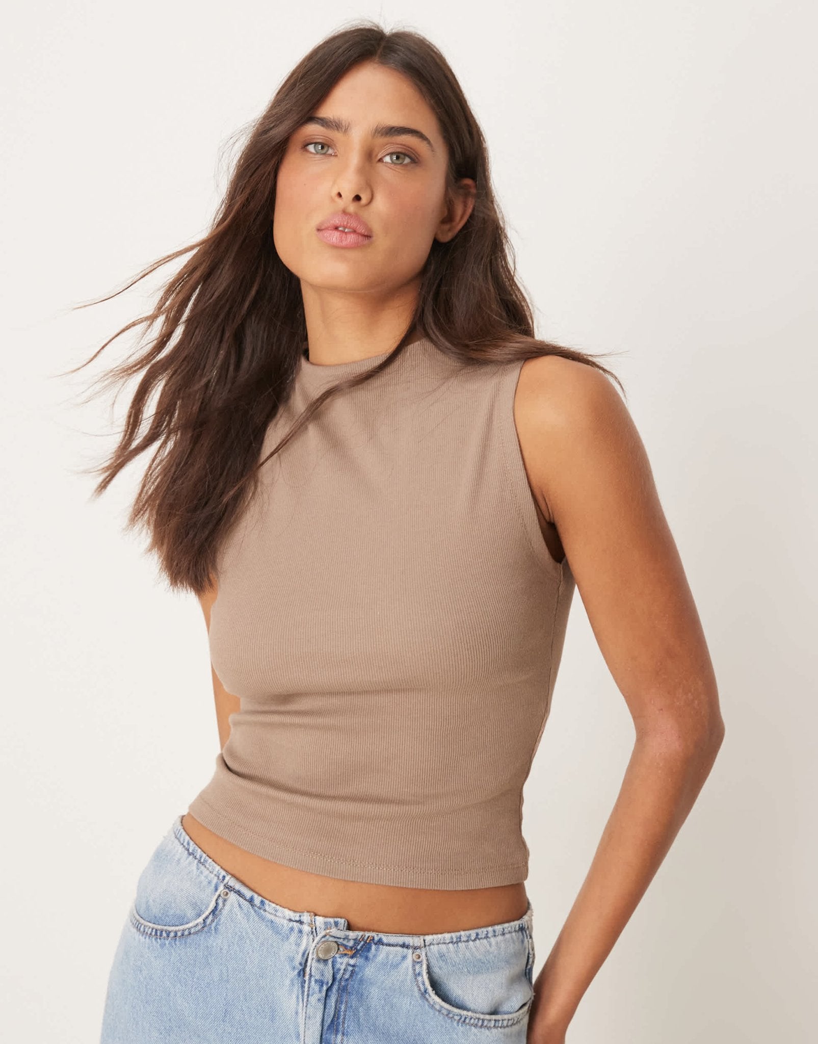 Gina Tricot jersey sleeveless funnel neck top in light brown - ASOS Sample Sale