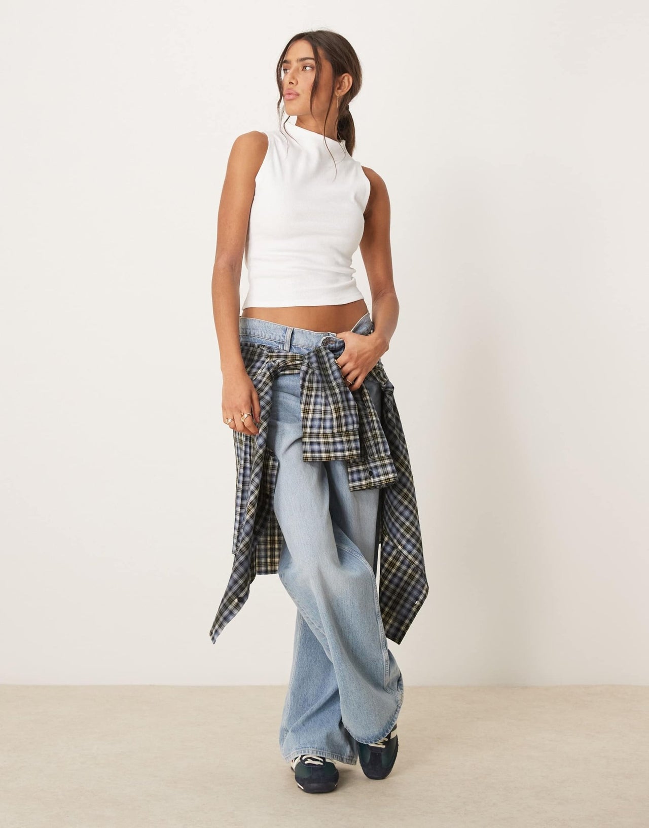 Gina Tricot jersey sleeveless funnel neck top in off white - ASOS Sample Sale