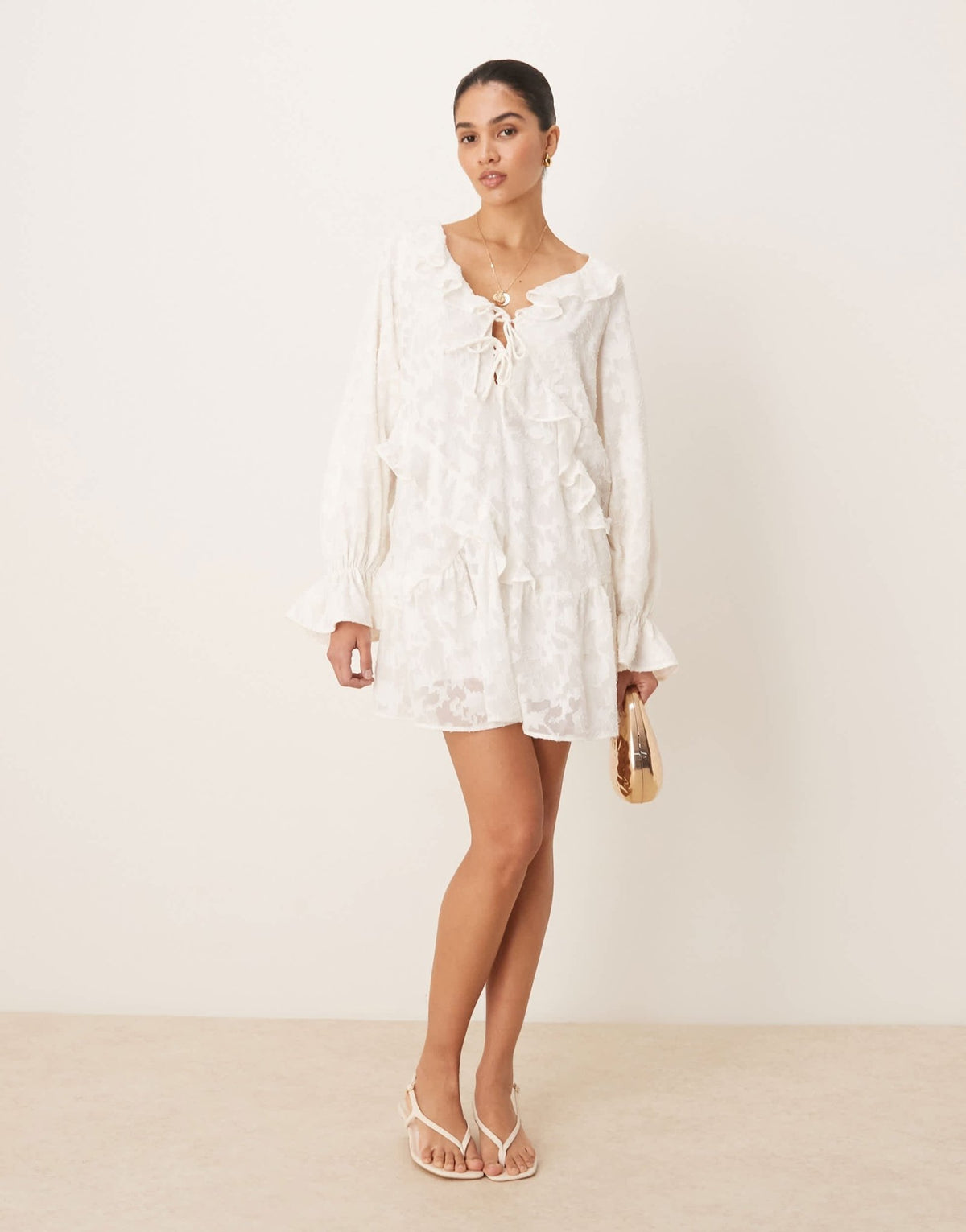 Gina Tricot lace mini dress with scalloped ruffles in antique white - ASOS Sample Sale