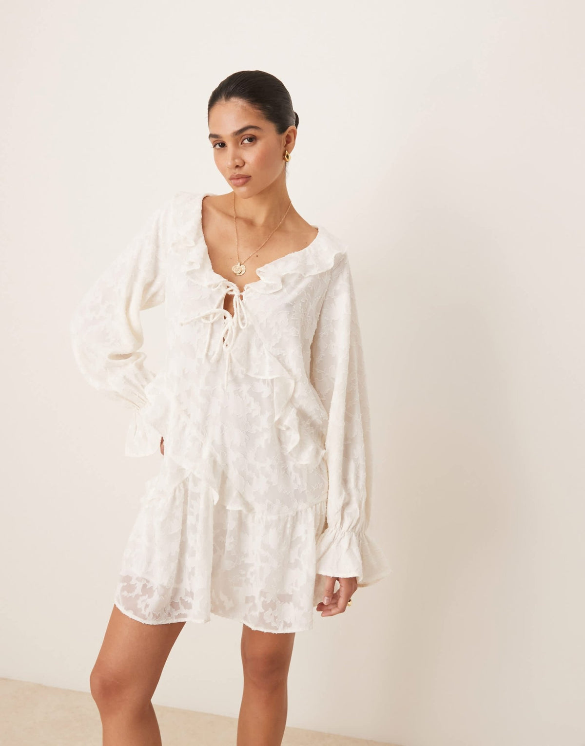 Gina Tricot lace mini dress with scalloped ruffles in antique white - ASOS Sample Sale